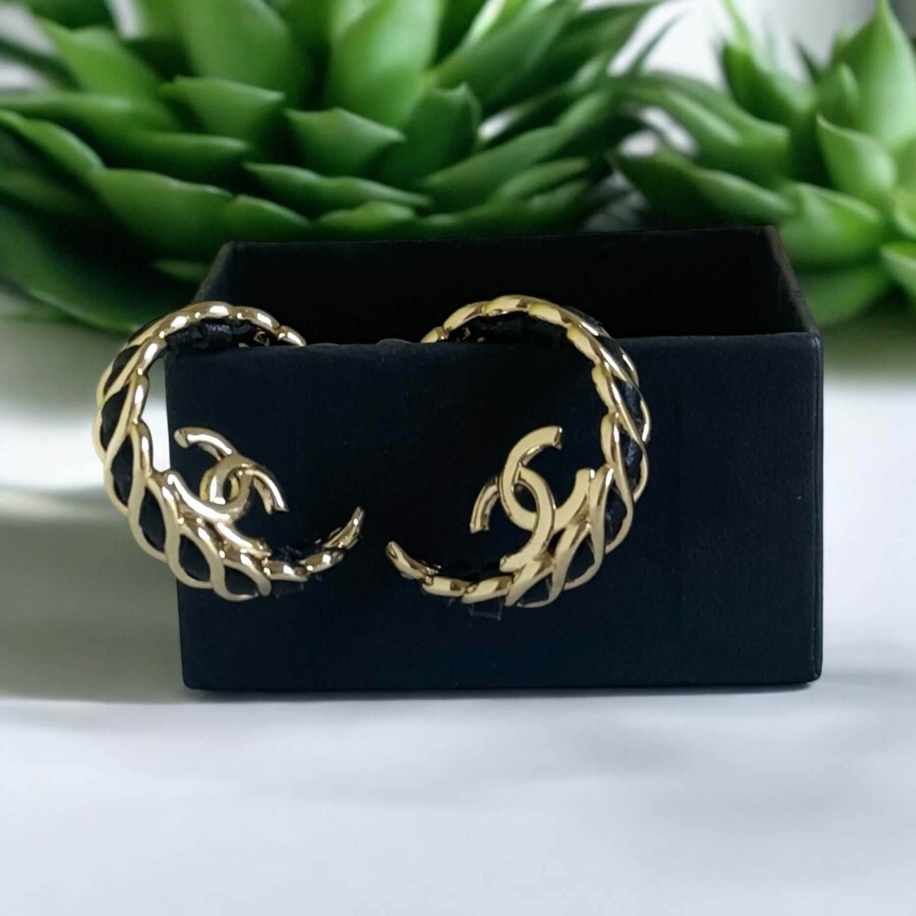 Authentic Chanel Gold CC Black Leather Statement Earrings Pre-Owned I 24 K - My Mama Found What 