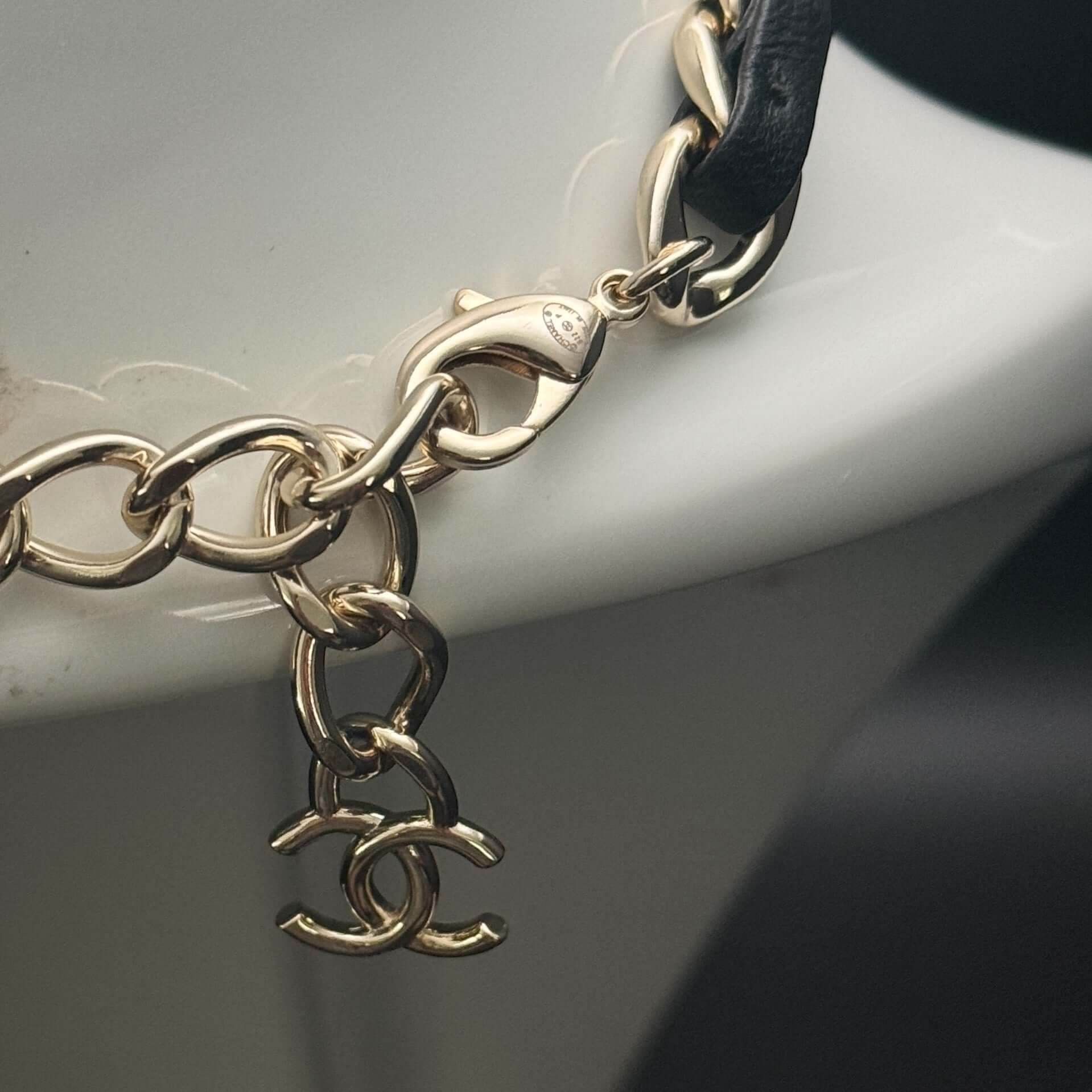 Authentic Chanel Gold CC Chain Leather Choker Pre-Owned - My Mama Found What 