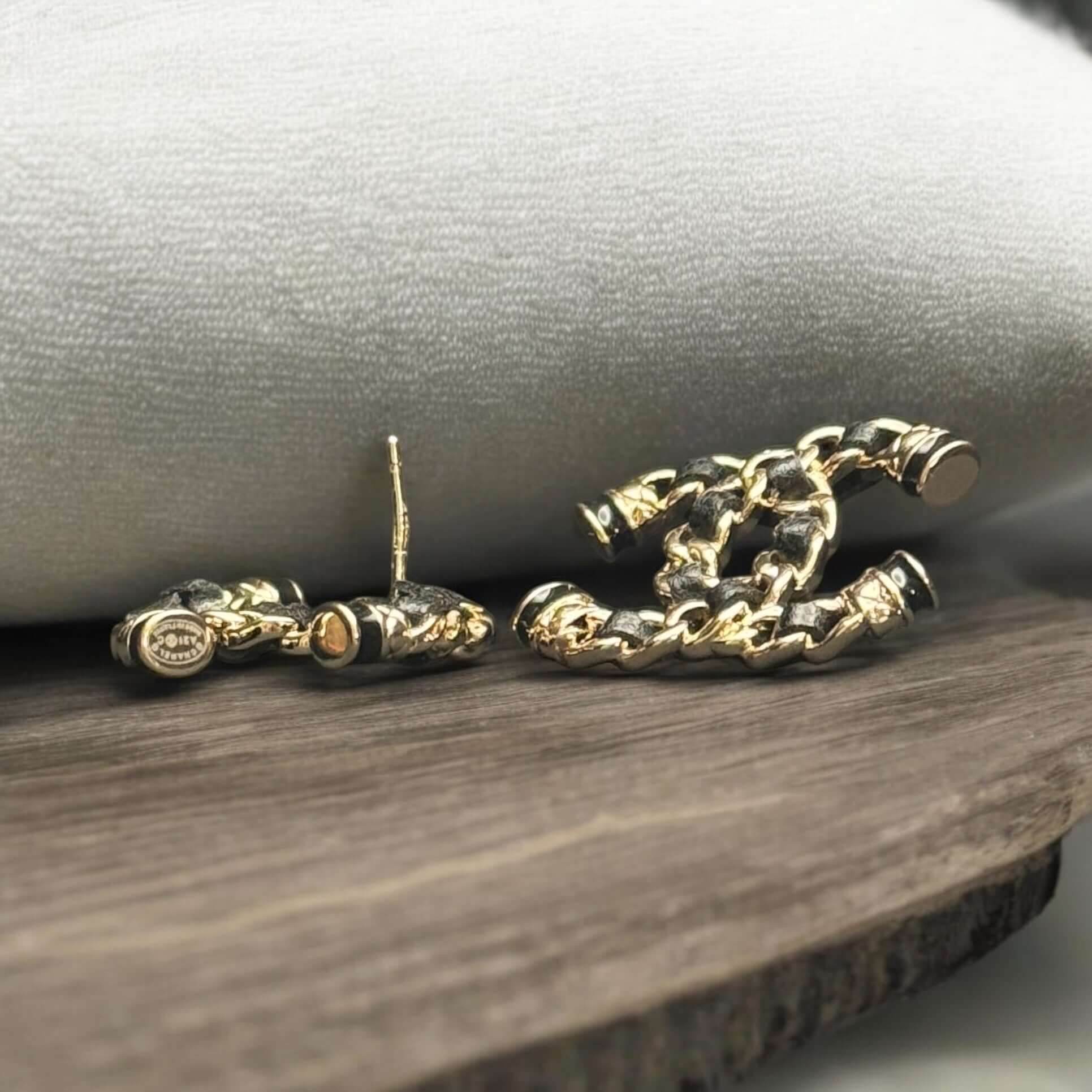 Authentic Chanel Gold CC Chain w/ Leather Earrings Pre-Owned - My Mama Found What 