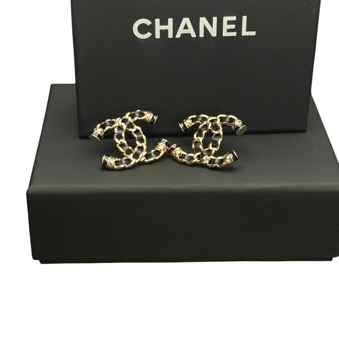 Authentic Chanel Gold CC Chain w/ Leather Earrings Pre-Owned - My Mama Found What 