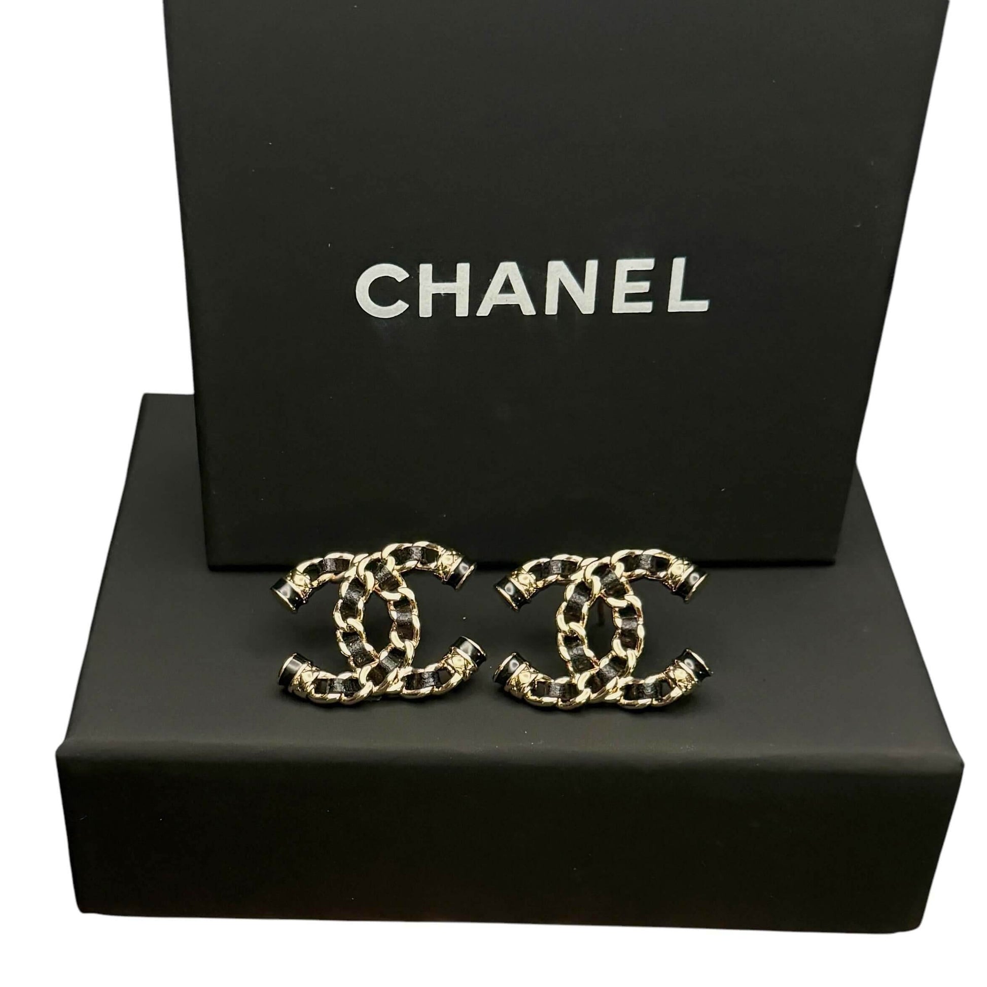 Authentic Chanel Gold CC Chain w/ Leather Earrings Pre-Owned - My Mama Found What 