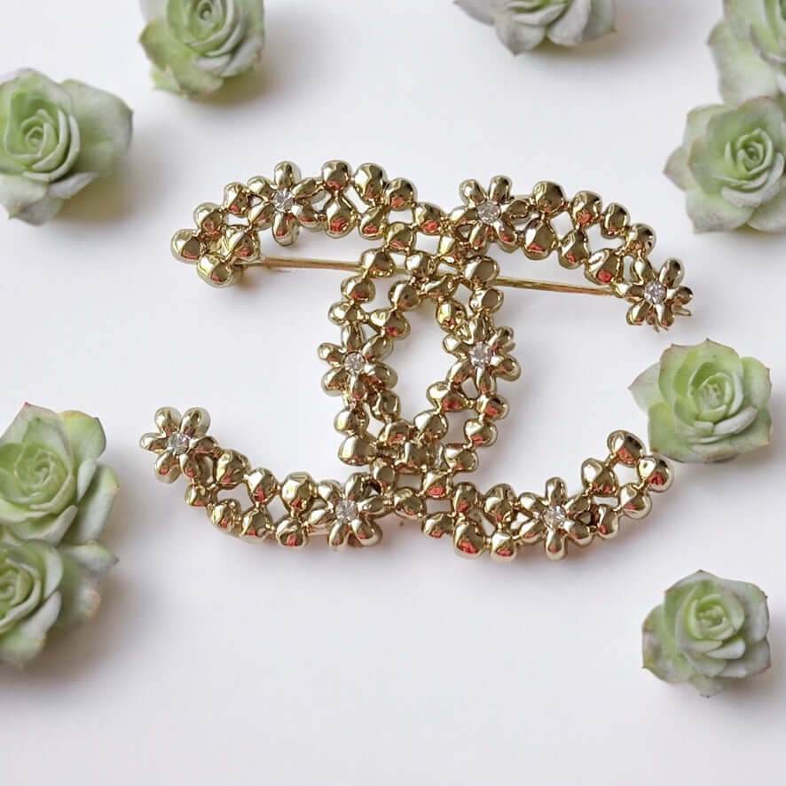 Authentic Chanel Gold CC Floral w/ mini Crystals Brooch Pin Pre-Owned - My Mama Found What 
