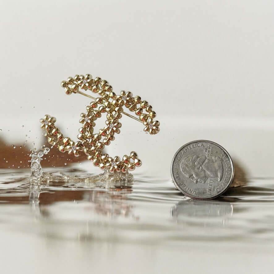 Authentic Chanel Gold CC Floral w/ mini Crystals Brooch Pin Pre-Owned - My Mama Found What 