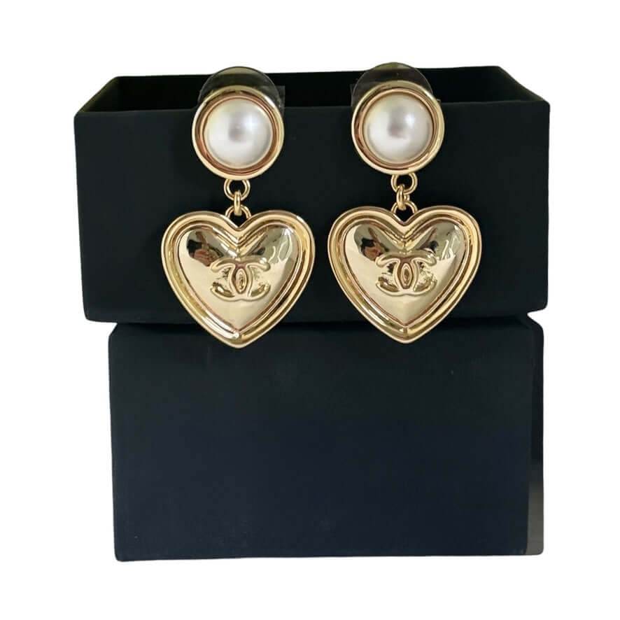 Authentic Chanel Gold CC Heart Dangle Earrings Pre-owned - My Mama Found What 