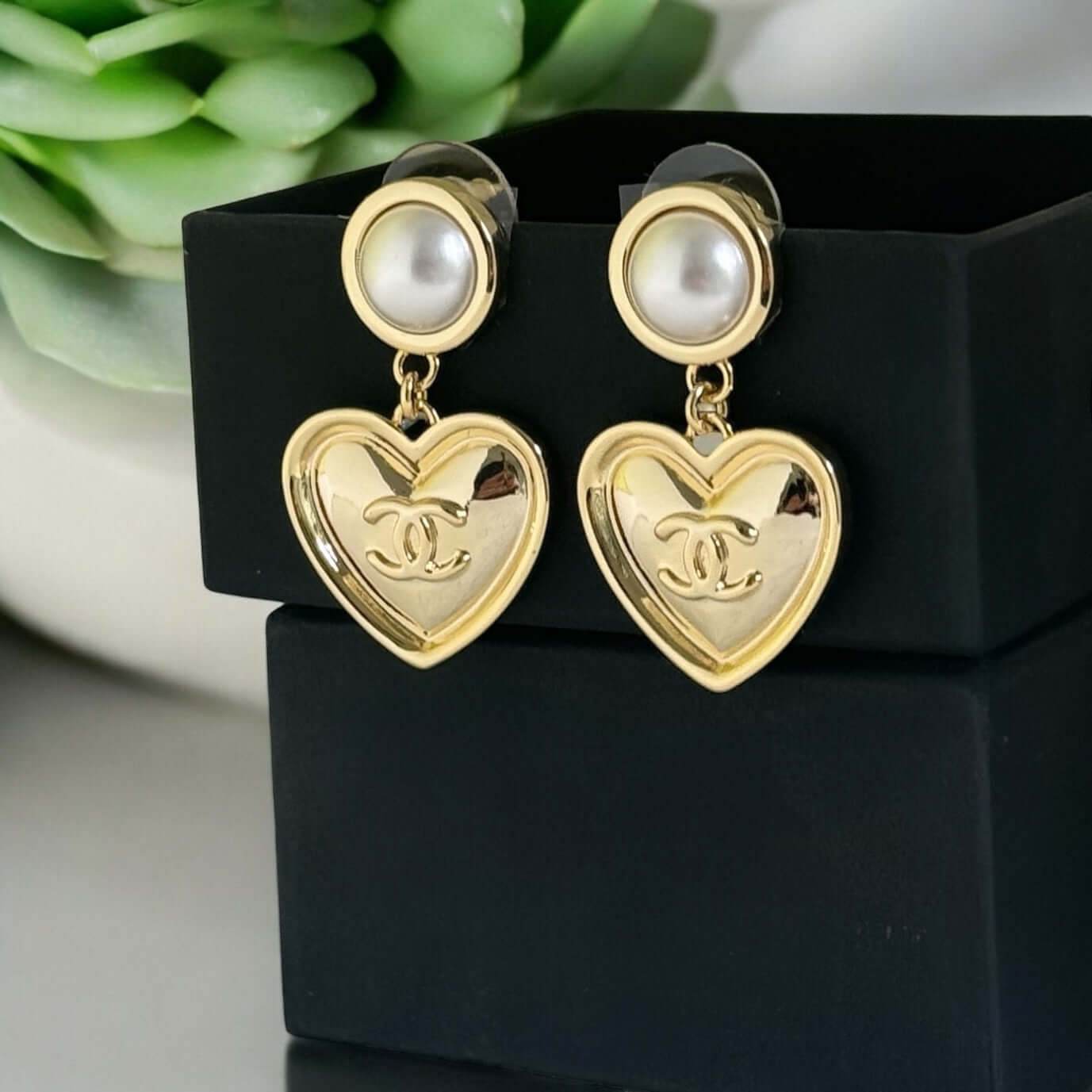 Authentic Chanel Gold CC Heart Dangle Earrings Pre-owned - My Mama Found What 