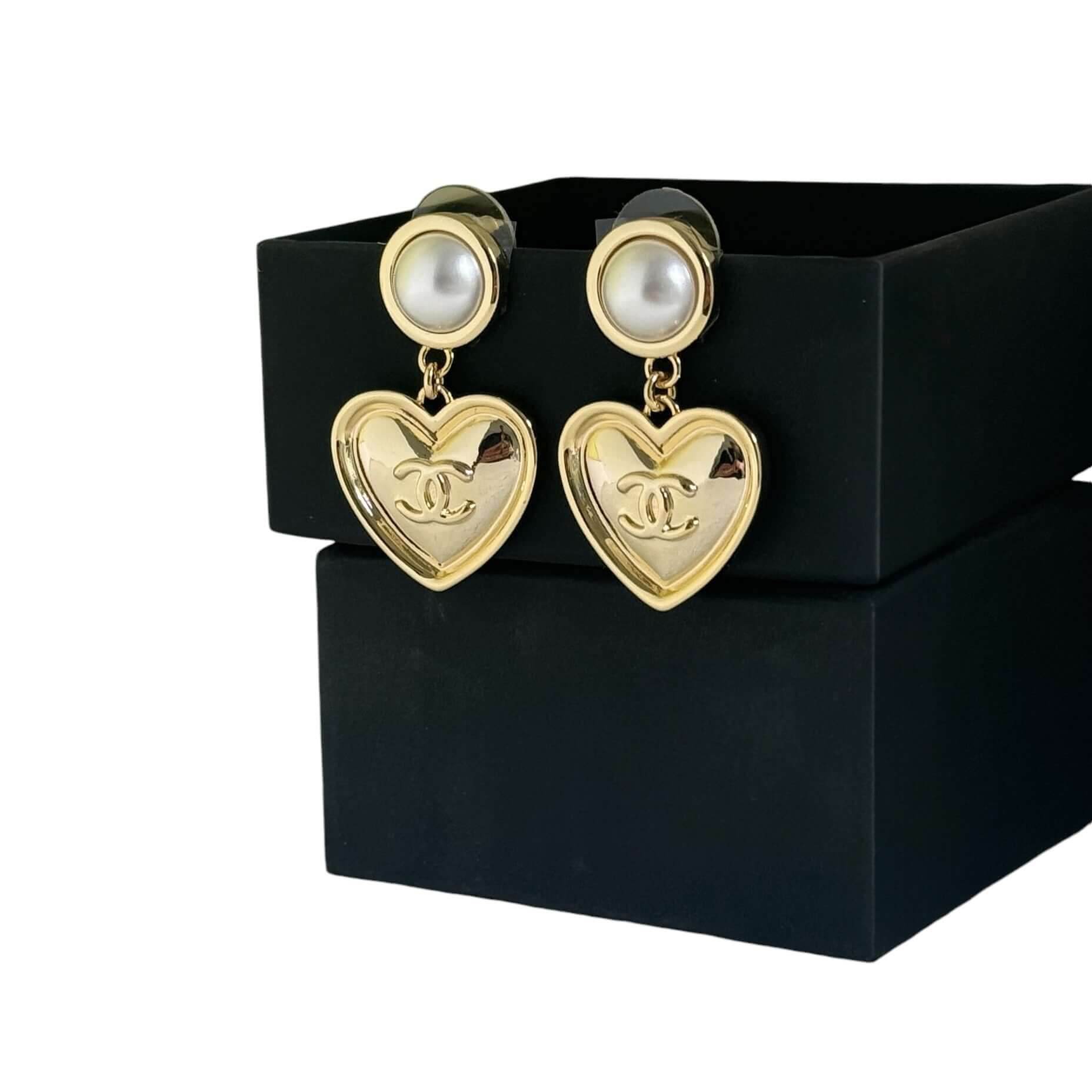 Authentic Chanel Gold CC Heart Dangle Earrings Pre-owned - My Mama Found What 