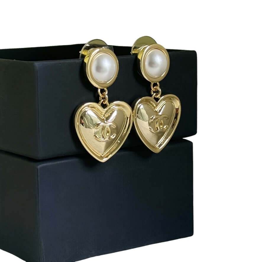 Authentic Chanel Gold CC Heart Dangle Earrings Pre-owned - My Mama Found What 