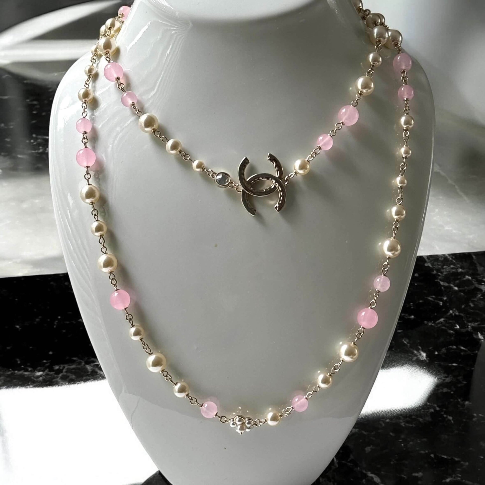 Authentic Chanel Gold CC Pink & White Metal Link Necklace Pre-Owed - My Mama Found What 