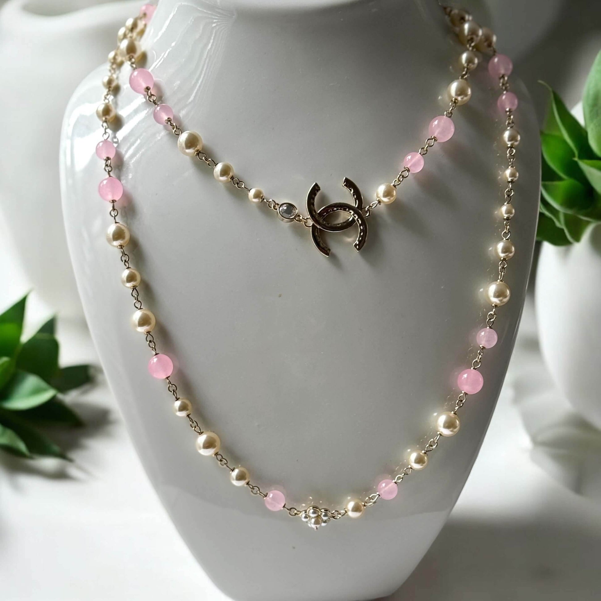 Authentic Chanel Gold CC Pink & White Metal Link Necklace Pre-Owed - My Mama Found What 