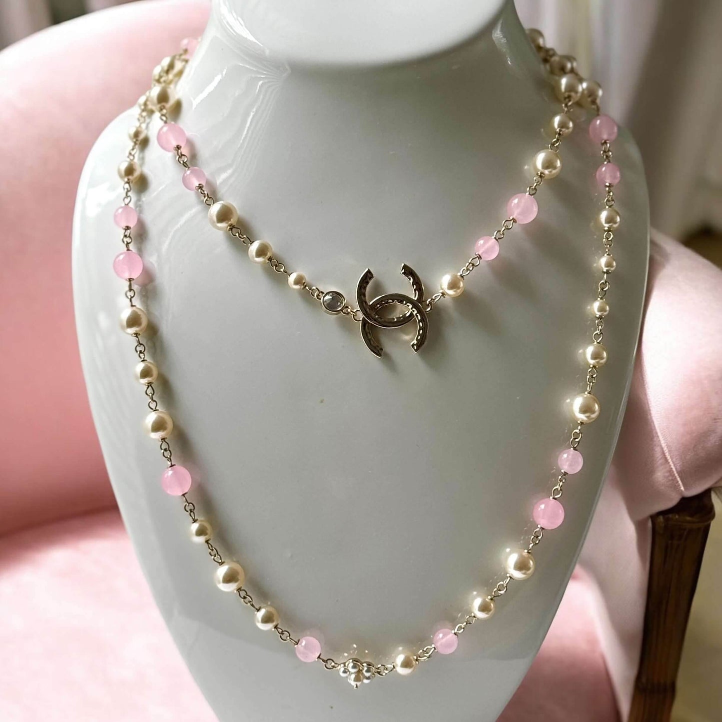 Authentic Chanel Gold CC Pink & White Metal Link Necklace Pre-Owed - My Mama Found What  My Mama Found What 