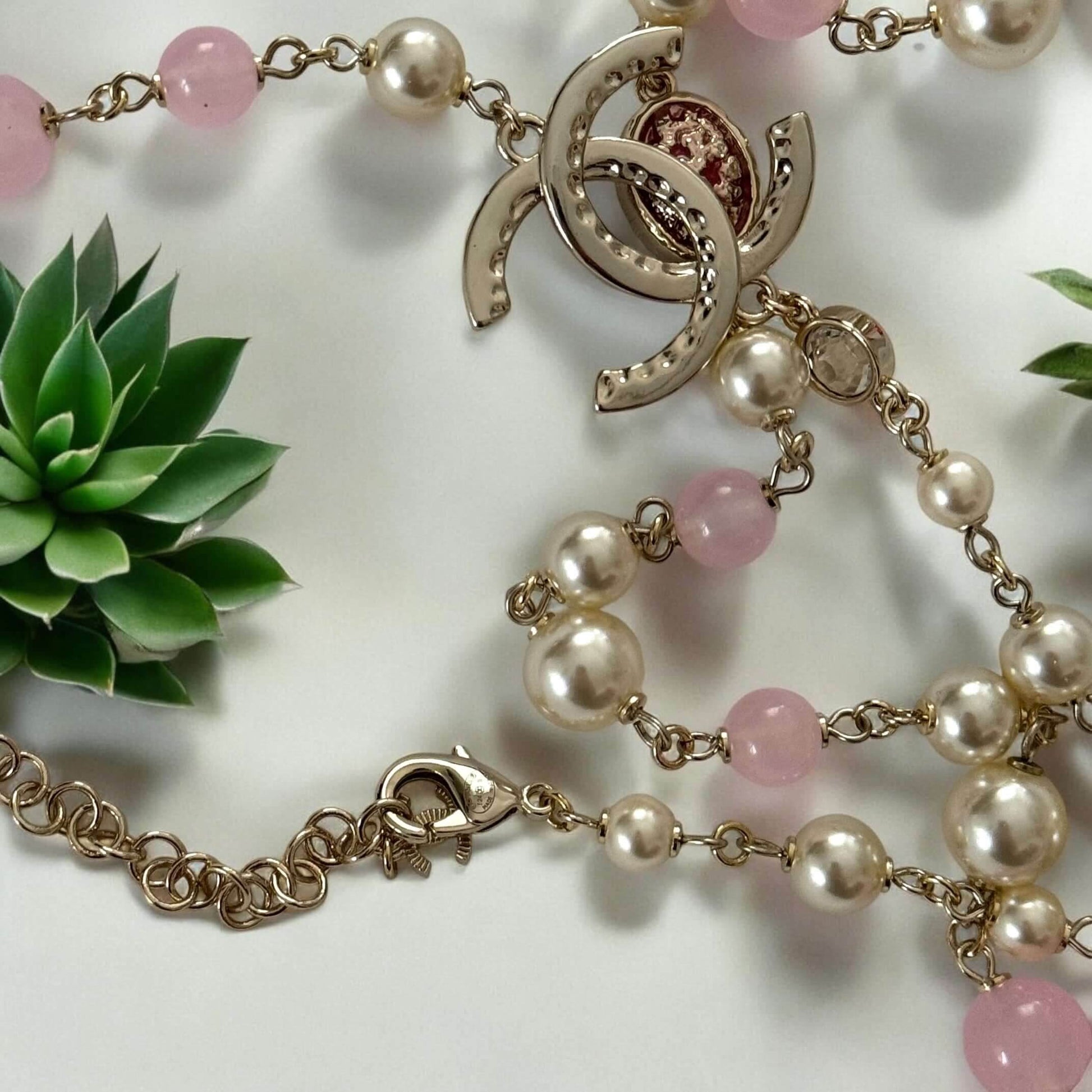 Authentic Chanel Gold CC Pink & White Metal Link Necklace Pre-Owed - My Mama Found What 