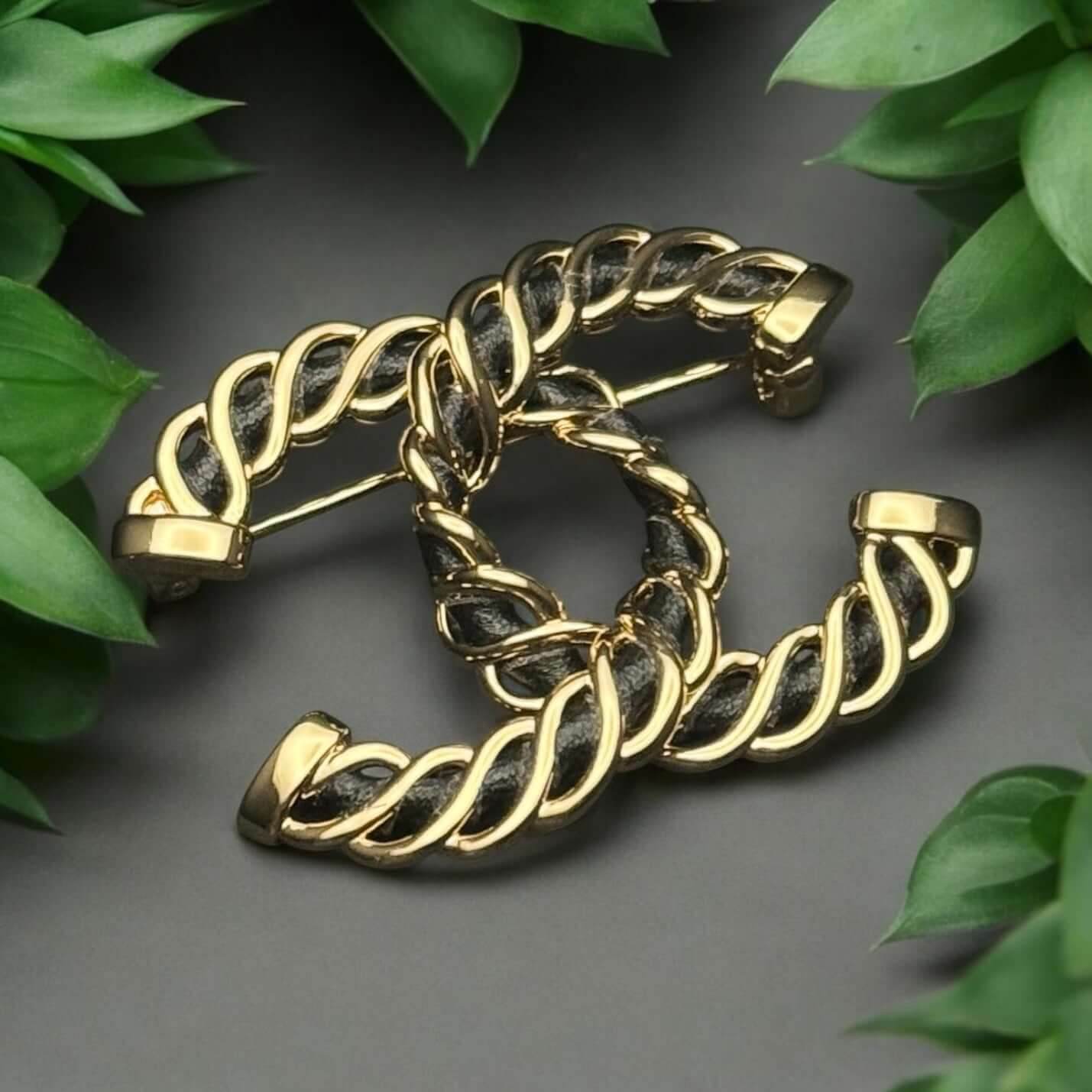 Authentic Chanel Gold CC w/ Black Leather Brooch Pre-Owned - My Mama Found What 
