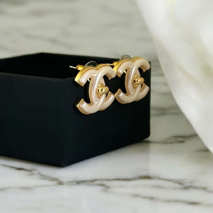 Authentic Chanel Gold CC with White Enamel Lock Earrings Pre-Owned - My Mama Found What   My Mama Found What 