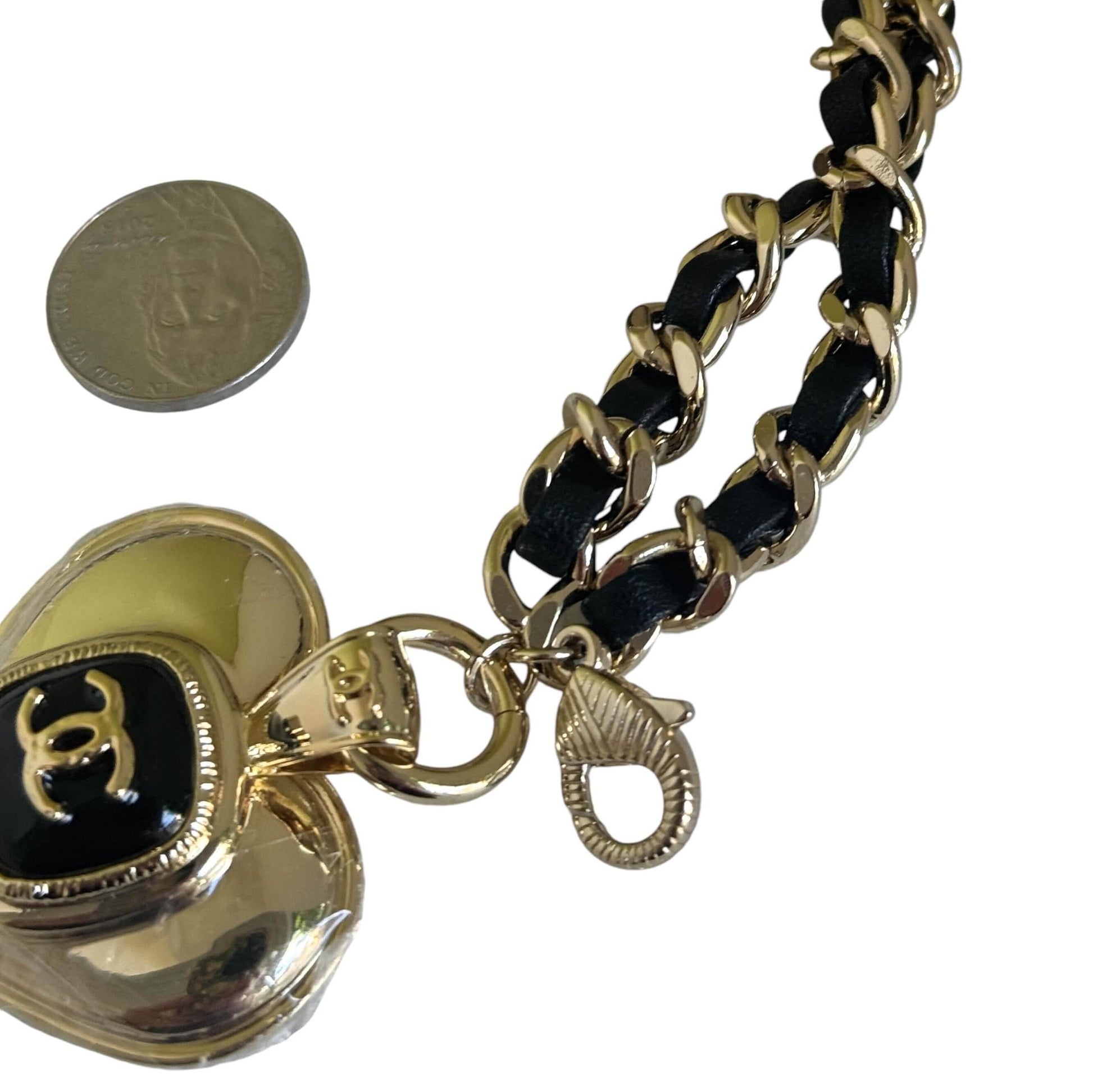 Authentic Chanel Gold Chain Black Leather Heart CC Belt Pre-Owned - My Mama Found What 