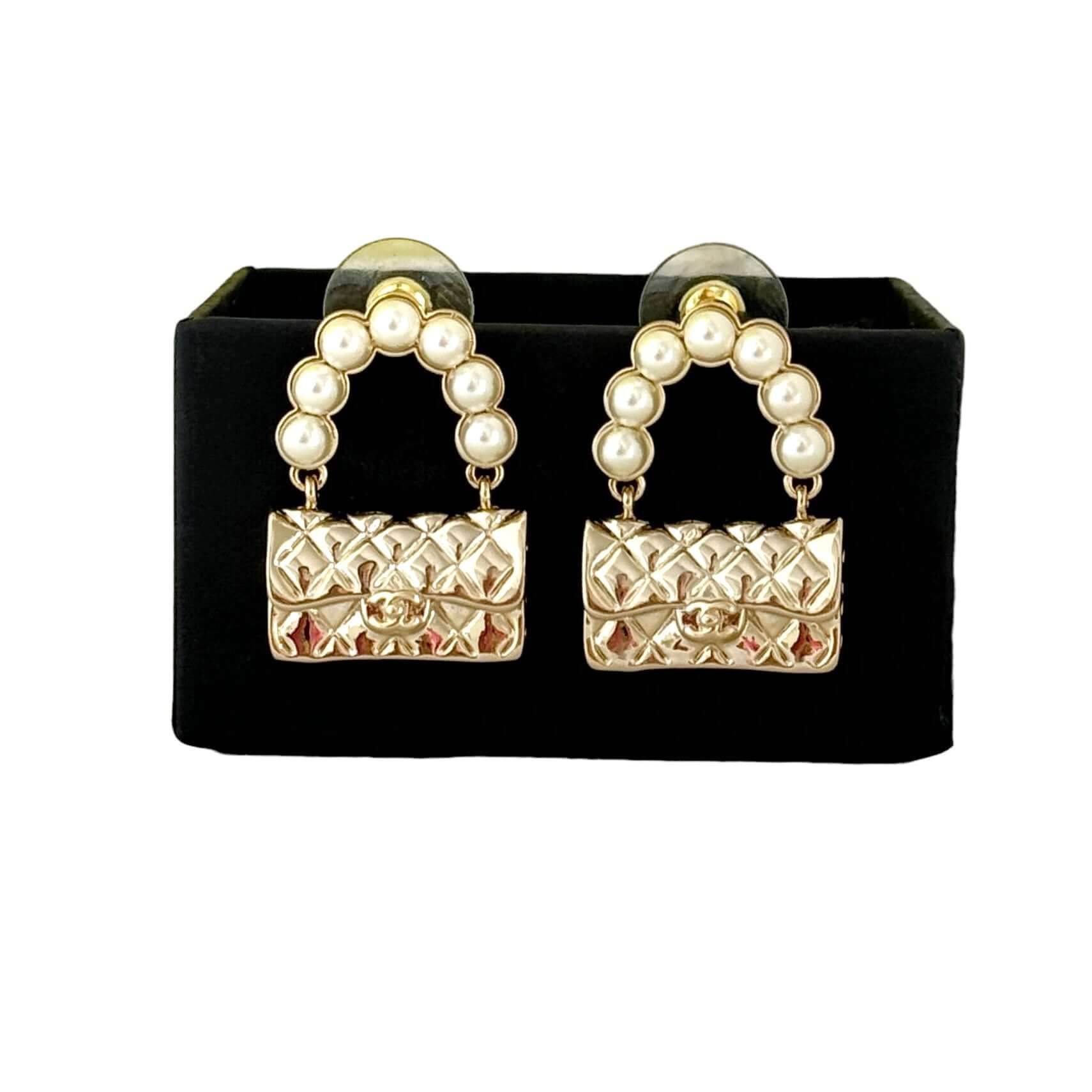 Authentic Chanel Gold Flap Bag Earrings Pre-Owned - My Mama Found What 