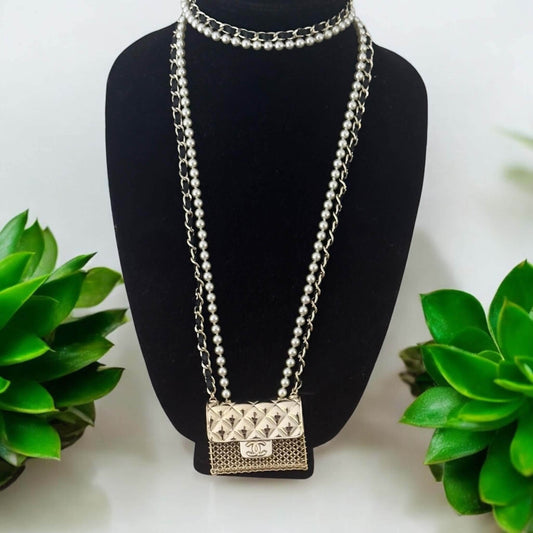 Authentic Chanel Gold Quilted Flap Bag Pearl Necklace Pre-Owned - My Mama Found What 