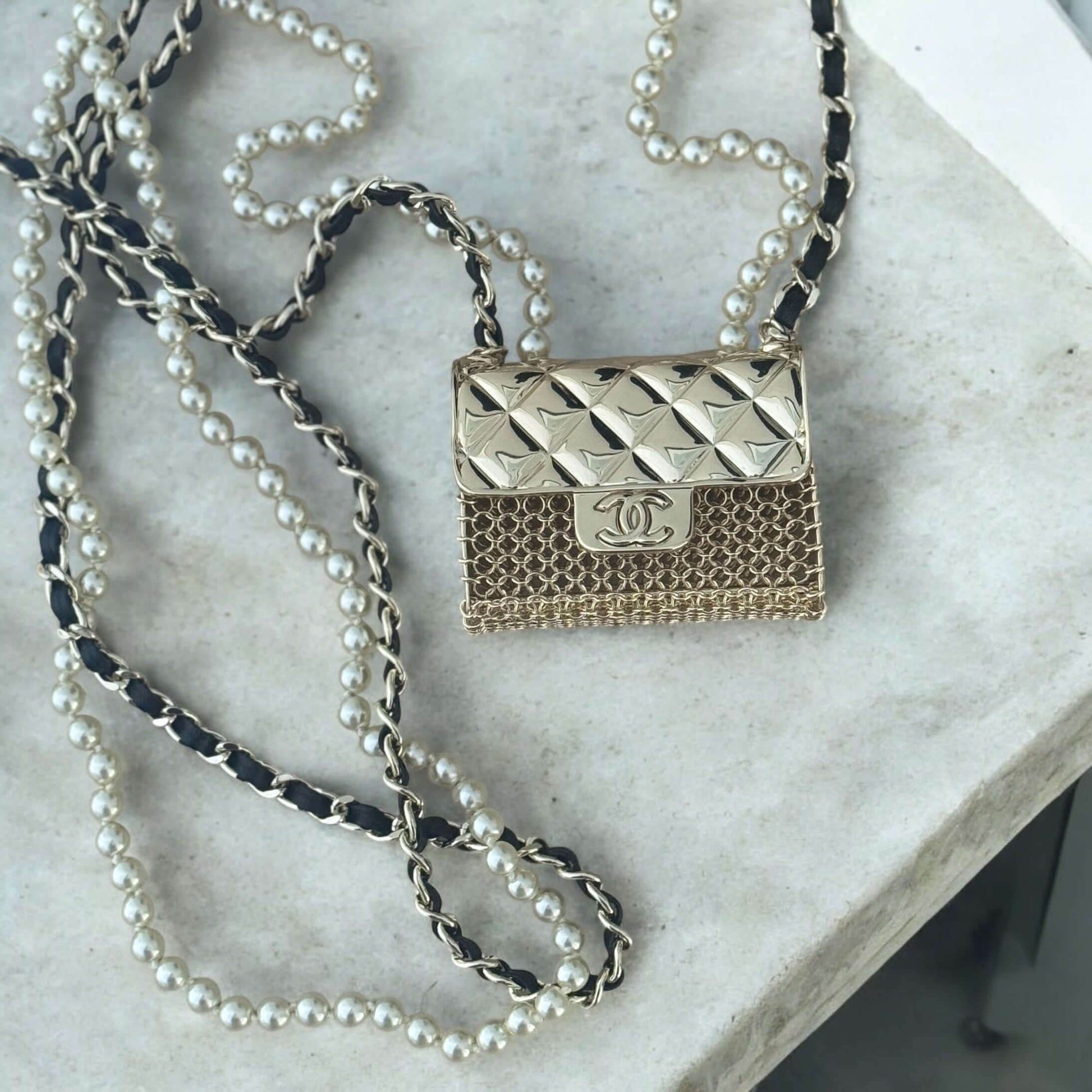 Authentic Chanel Gold Quilted Flap Bag Pearl Necklace Pre-Owned - My Mama Found What 