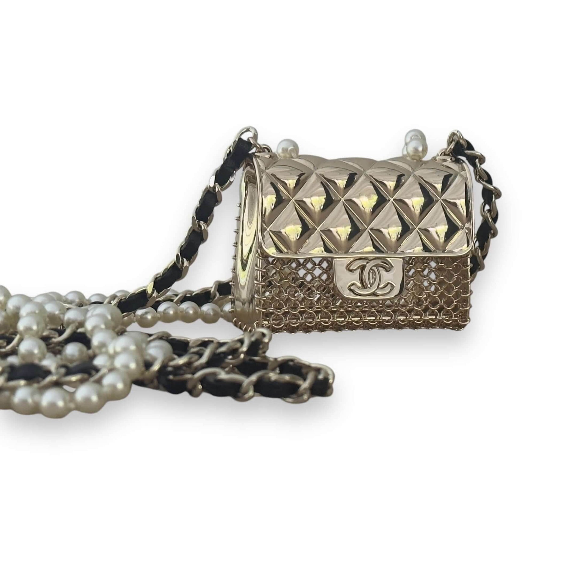 Authentic Chanel Gold Quilted Flap Bag Pearl Necklace Pre-Owned - My Mama Found What 