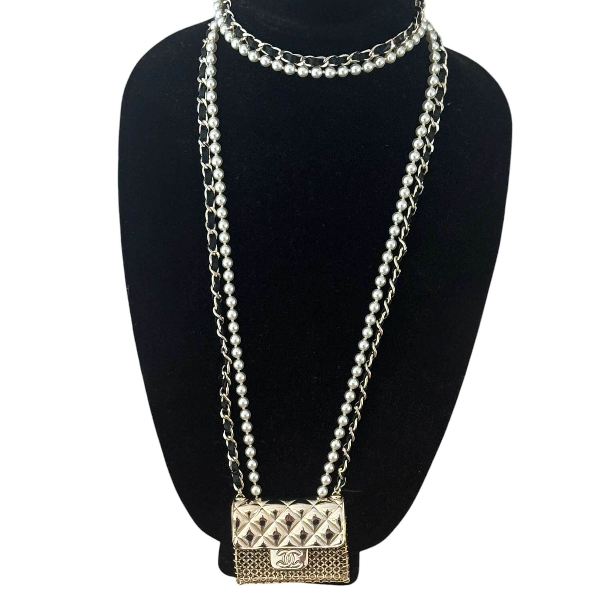 Authentic Chanel Gold Quilted Flap Bag Pearl Necklace Pre-Owned - My Mama Found What 