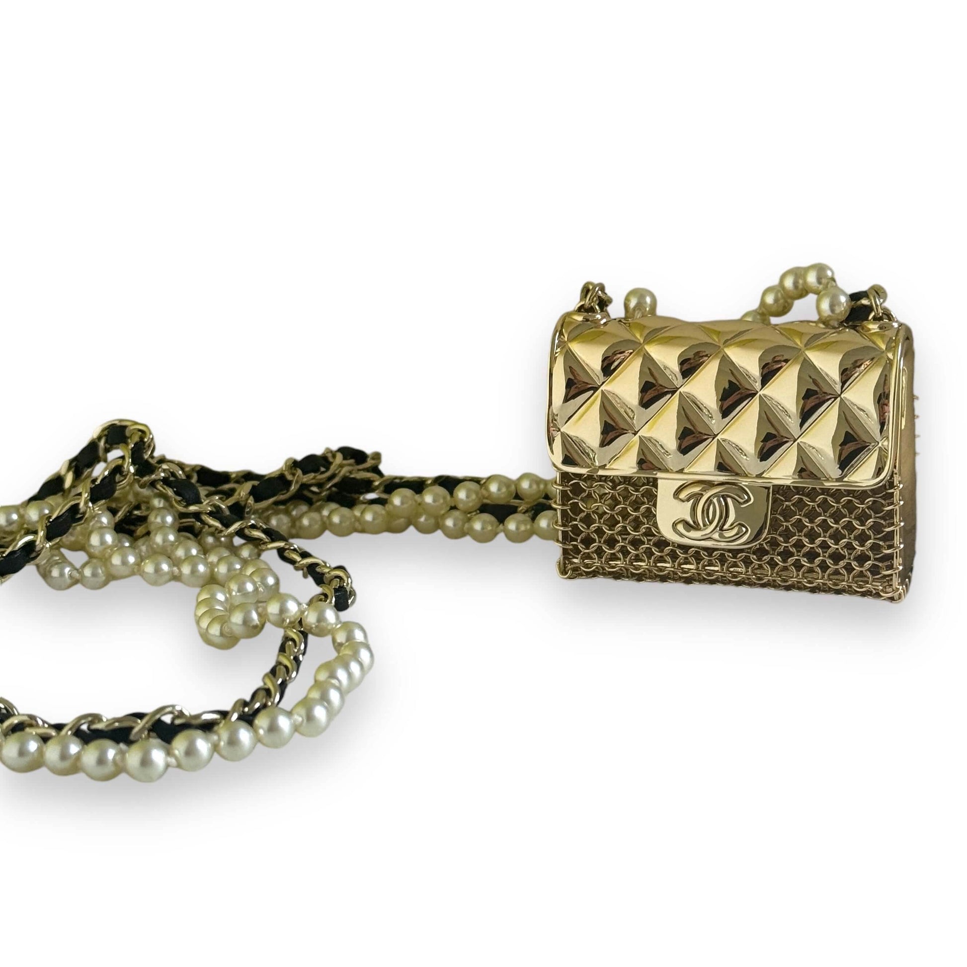 Authentic Chanel Gold Quilted Flap Bag Pearl Necklace Pre-Owned - My Mama Found What 