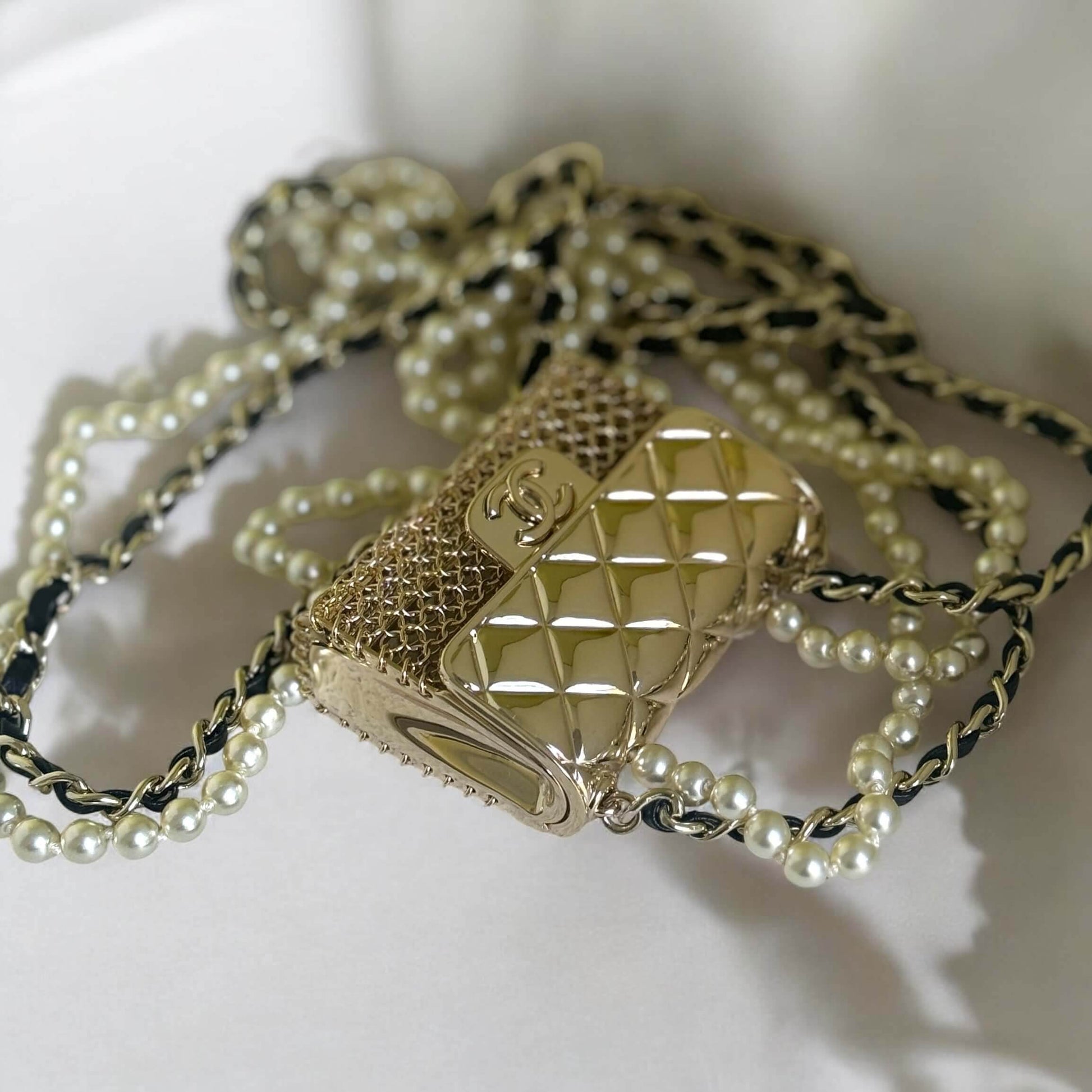 Authentic Chanel Gold Quilted Flap Bag Pearl Necklace Pre-Owned - My Mama Found What 