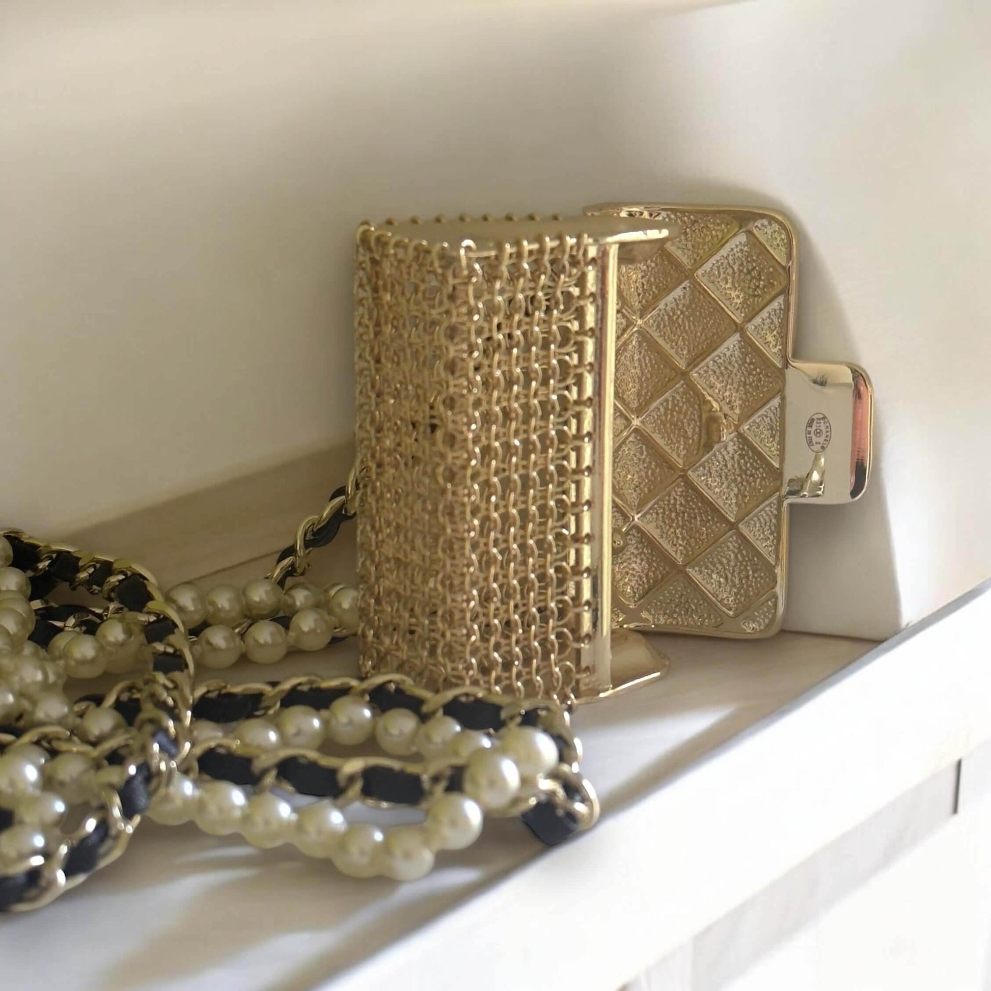 Authentic Chanel Gold Quilted Flap Bag Pearl Necklace Pre-Owned - My Mama Found What 