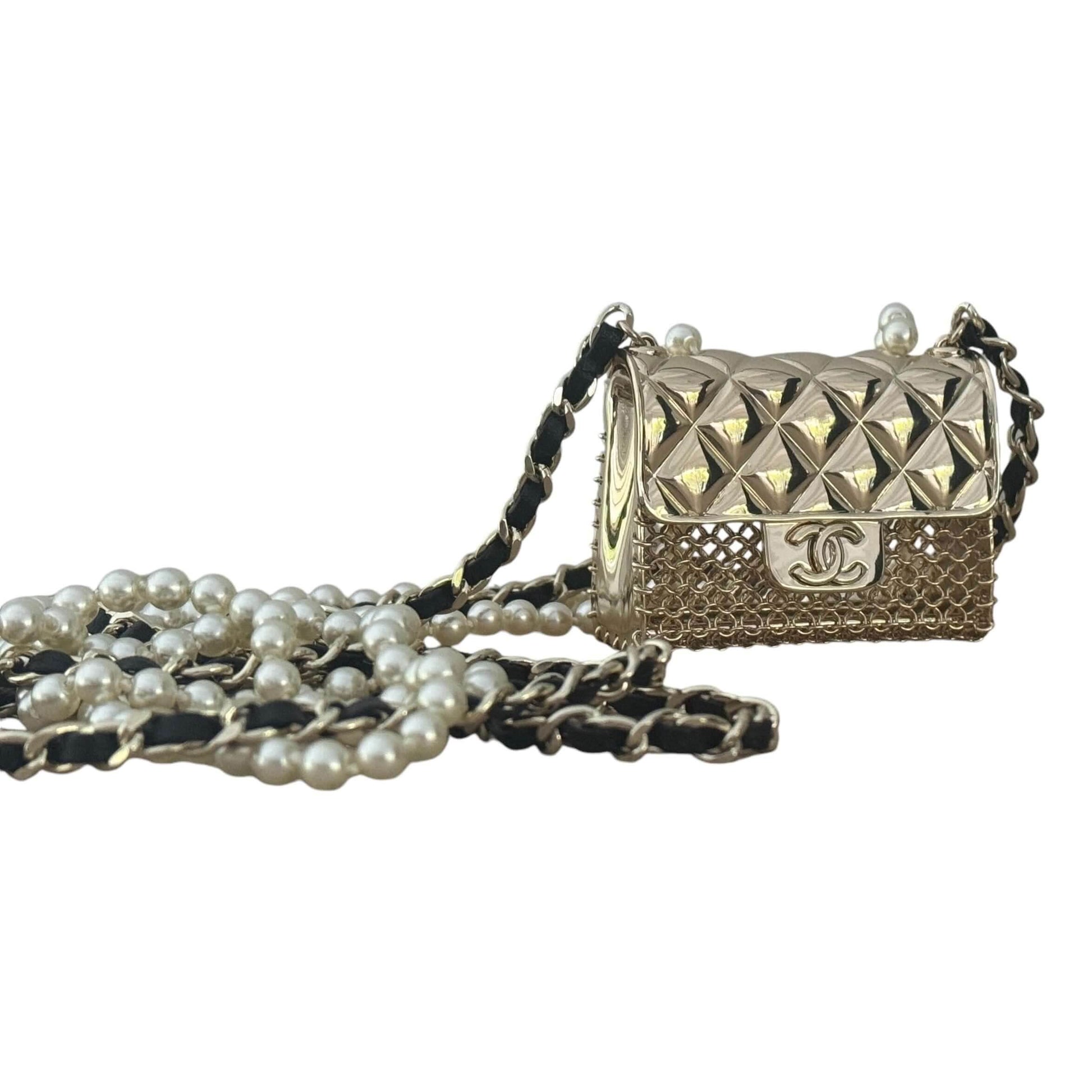 Authentic Chanel Gold Quilted Flap Bag Pearl Necklace Pre-Owned - My Mama Found What 