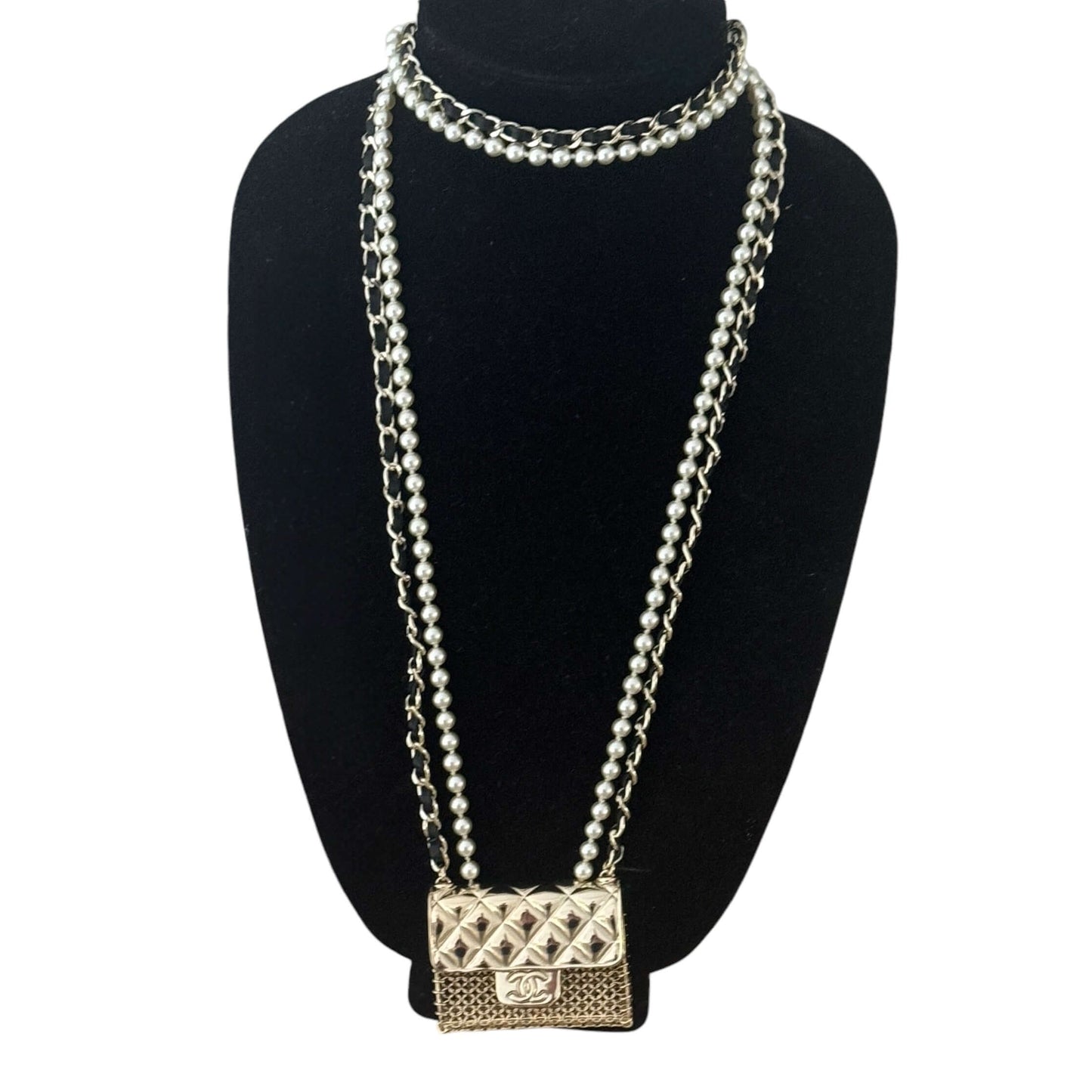 Authentic Chanel Gold Quilted Flap Bag Pearl Necklace Pre-Owned - My Mama Found What  
