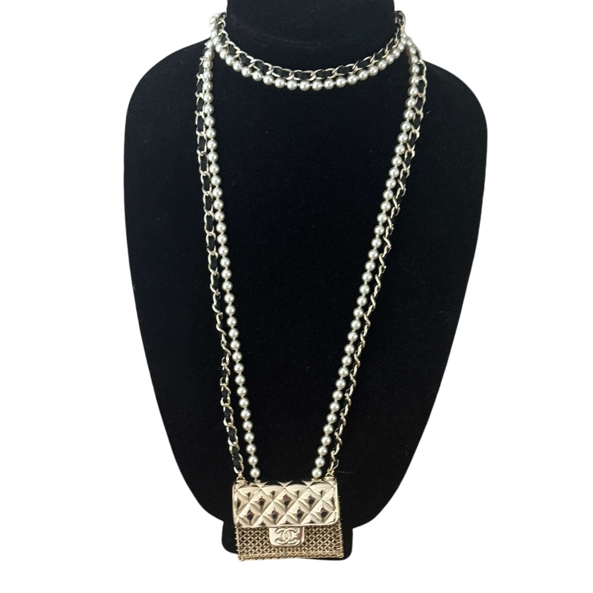 Authentic Chanel Gold Quilted Flap Bag Pearl Necklace Pre-Owned - My Mama Found What  