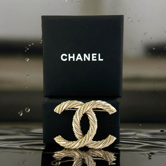 Authentic Chanel Gold Textured Twist CC Brooch Pin Pre-Owned - My Mama Found What 