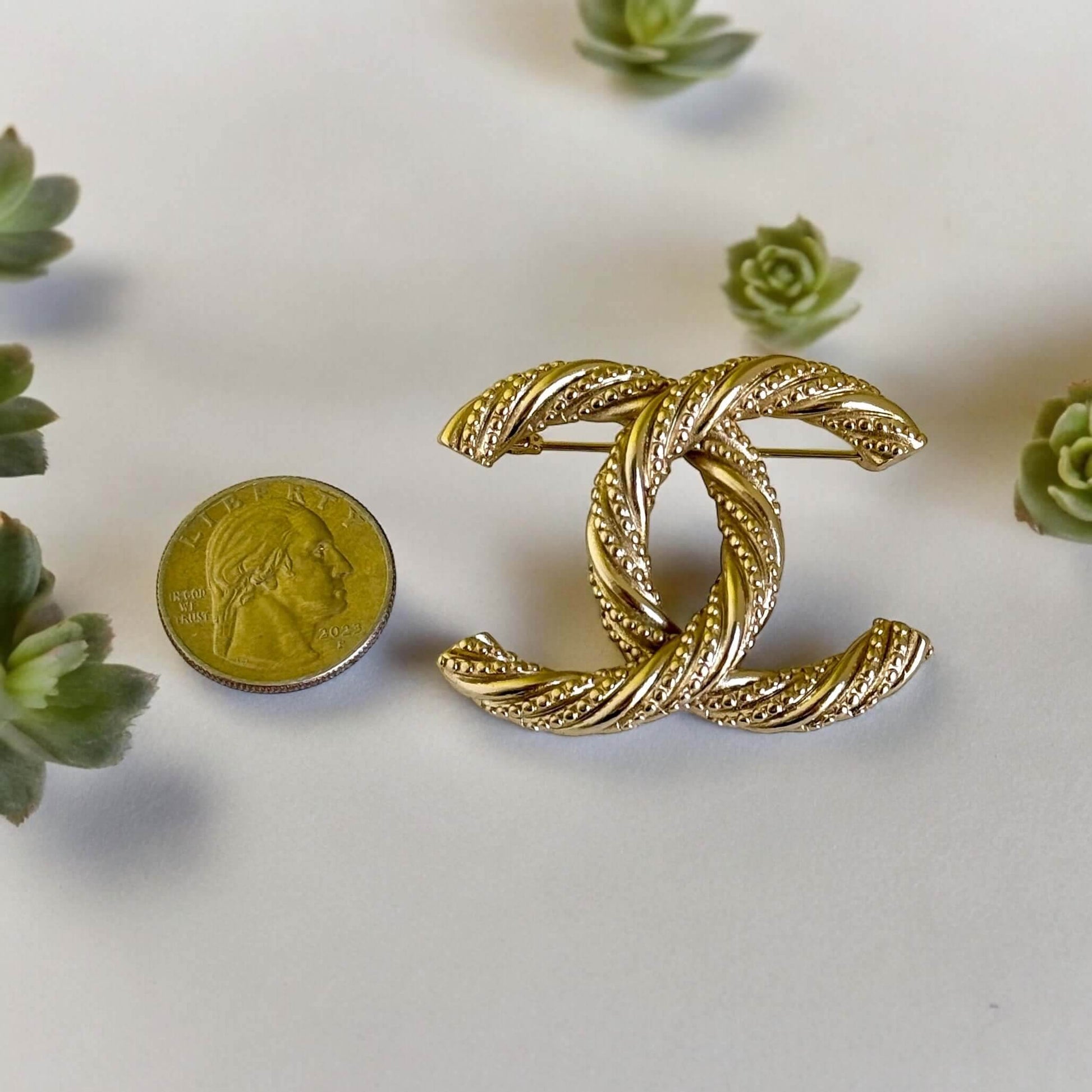 Authentic Chanel Gold Textured Twist CC Brooch Pin Pre-Owned - My Mama Found What 