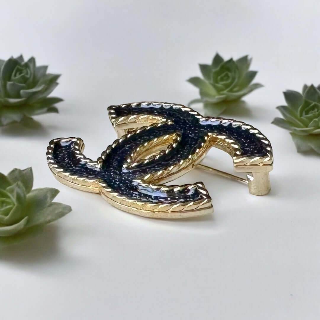 Authentic Chanel Lighter Gold Double C Blue Enamel Brooch Pin S24 Pre-Owned - My Mama Found What 