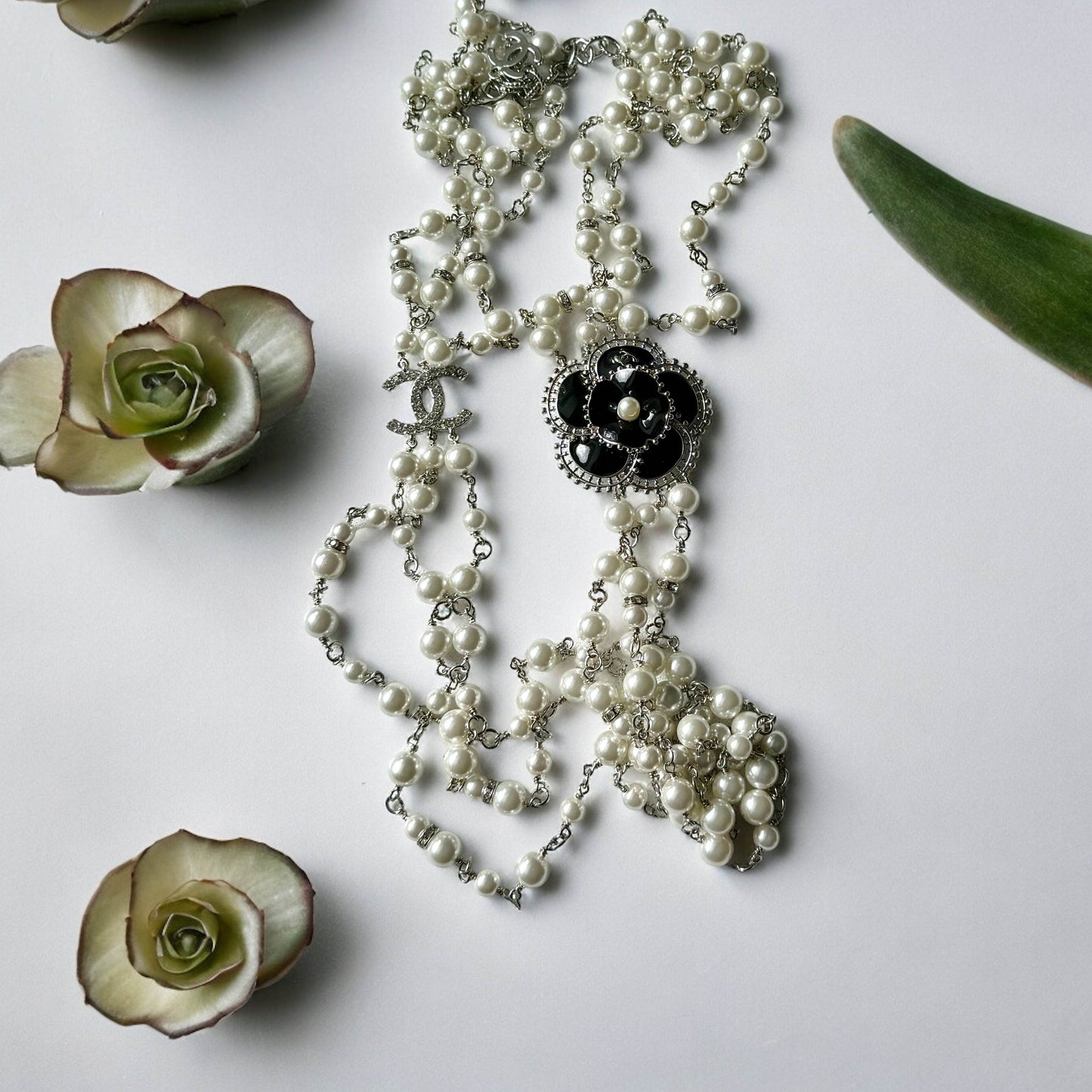 Authentic Chanel Pearl Camila Enamel Flower Three Strand Necklace Pre-owned - My Mama Found What  My Mama Found What 