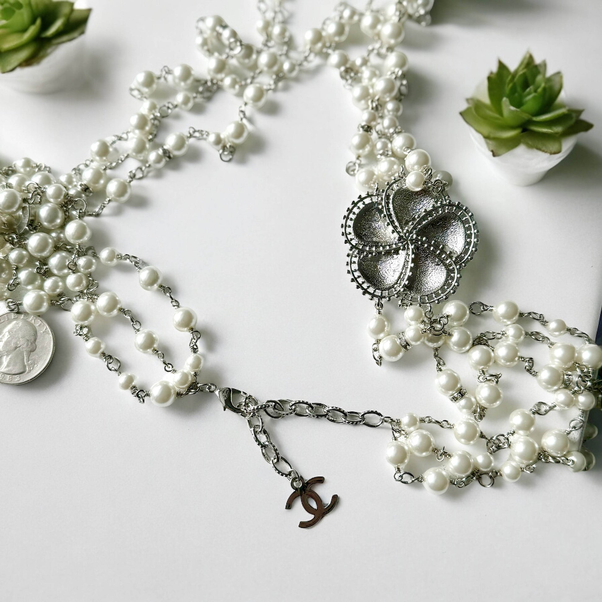 Authentic Chanel Pearl Camila Enamel Flower Three Strand Necklace Pre-owned - My Mama Found What 