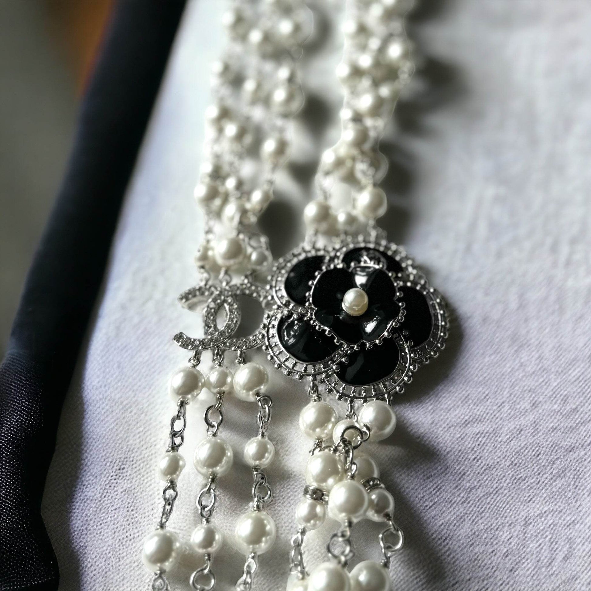Authentic Chanel Pearl Camila Enamel Flower Three Strand Necklace Pre-owned - My Mama Found What 