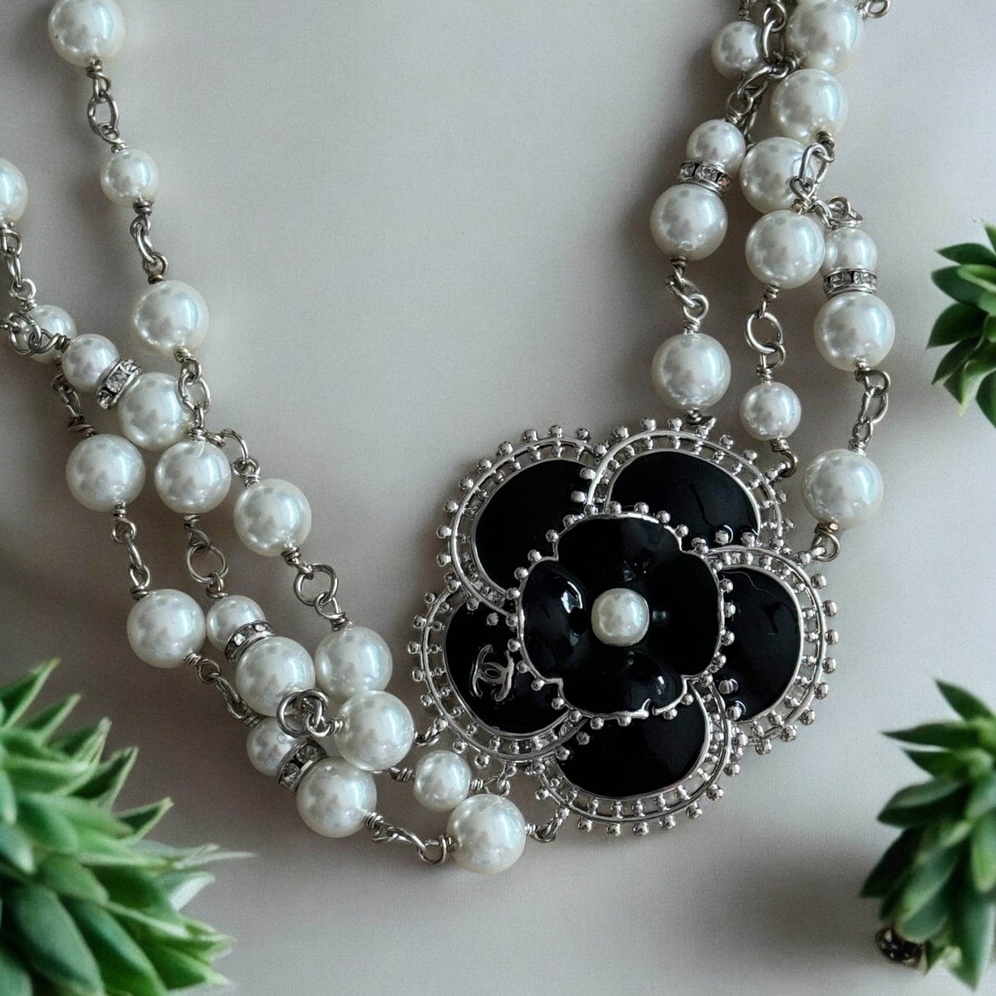 Authentic Chanel Pearl Camila Enamel Flower Three Strand Necklace Pre-owned - My Mama Found What  My Mama Found What 