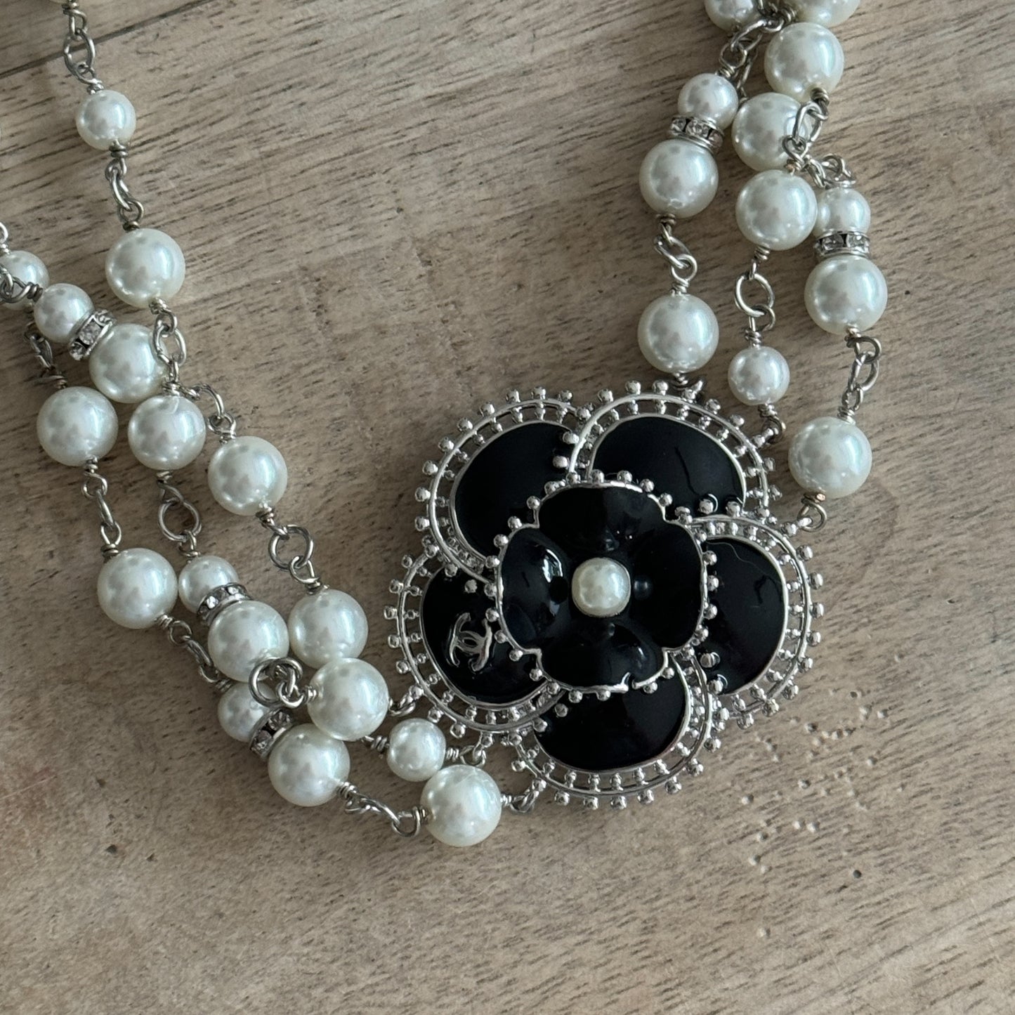 Authentic Chanel Pearl Camila Enamel Flower Three Strand Necklace Pre-owned - My Mama Found What   My Mama Found What 