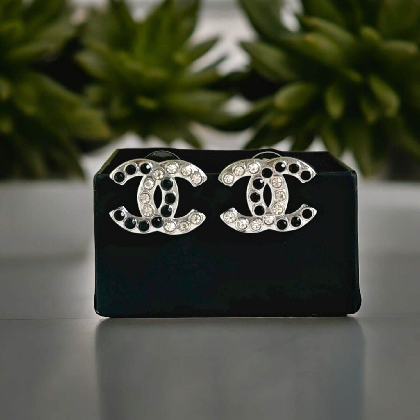 Authentic Chanel Silver CC with Clear & Black Crystals Earrings Pre-Owned - My Mama Found What 