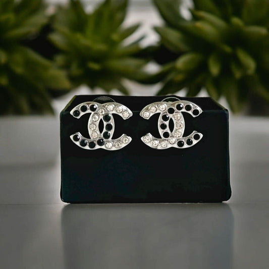 Authentic Chanel Silver CC with Clear & Black Crystals Earrings Pre-Owned - My Mama Found What 