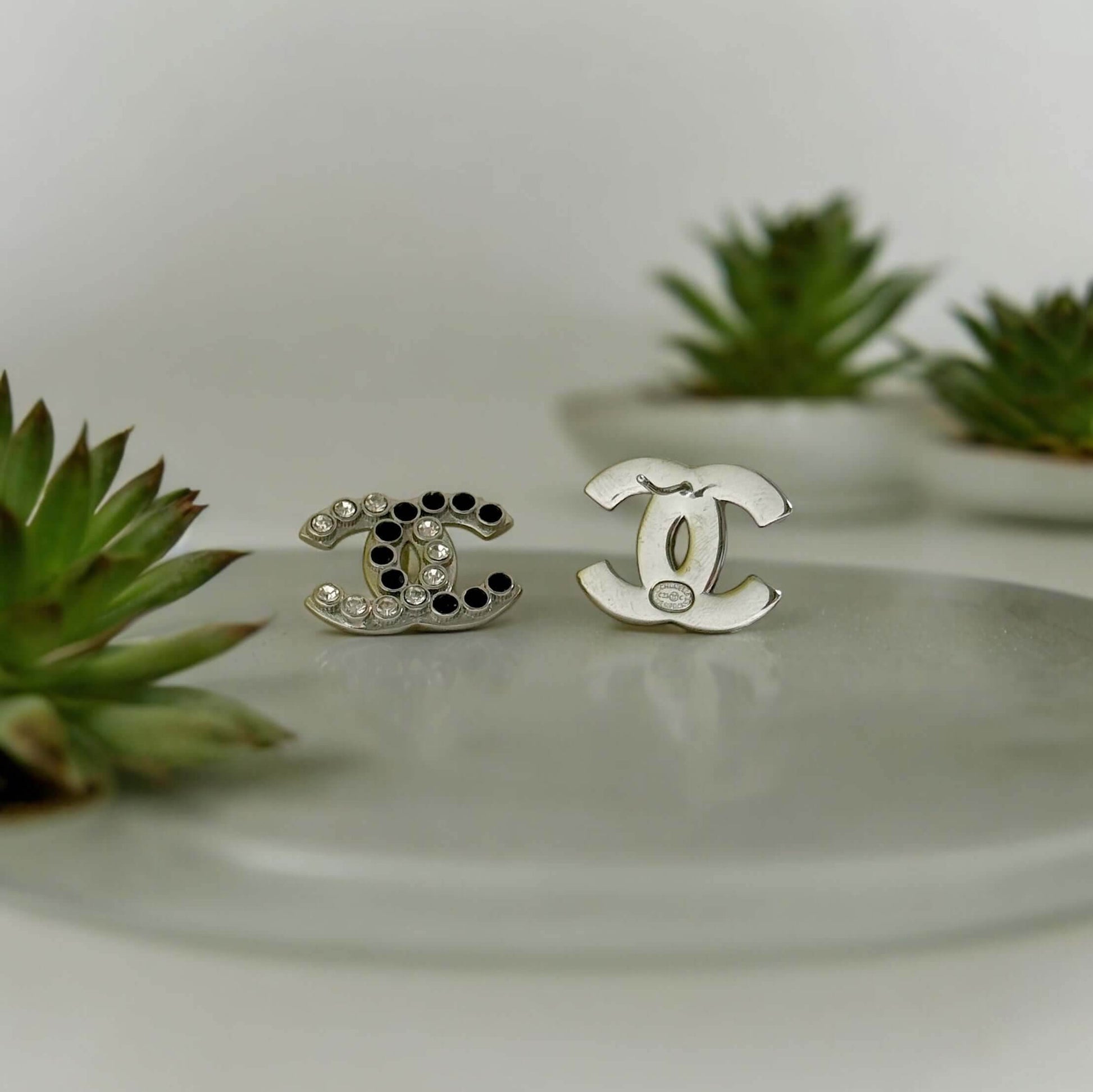 Authentic Chanel Silver CC with Clear & Black Crystals Earrings Pre-Owned - My Mama Found What 