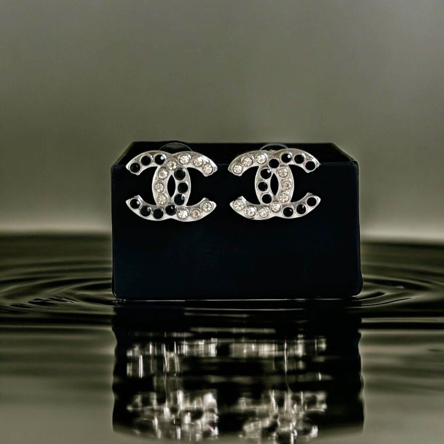 Authentic Chanel Silver CC with Clear & Black Crystals Earrings Pre-Owned - My Mama Found What 
