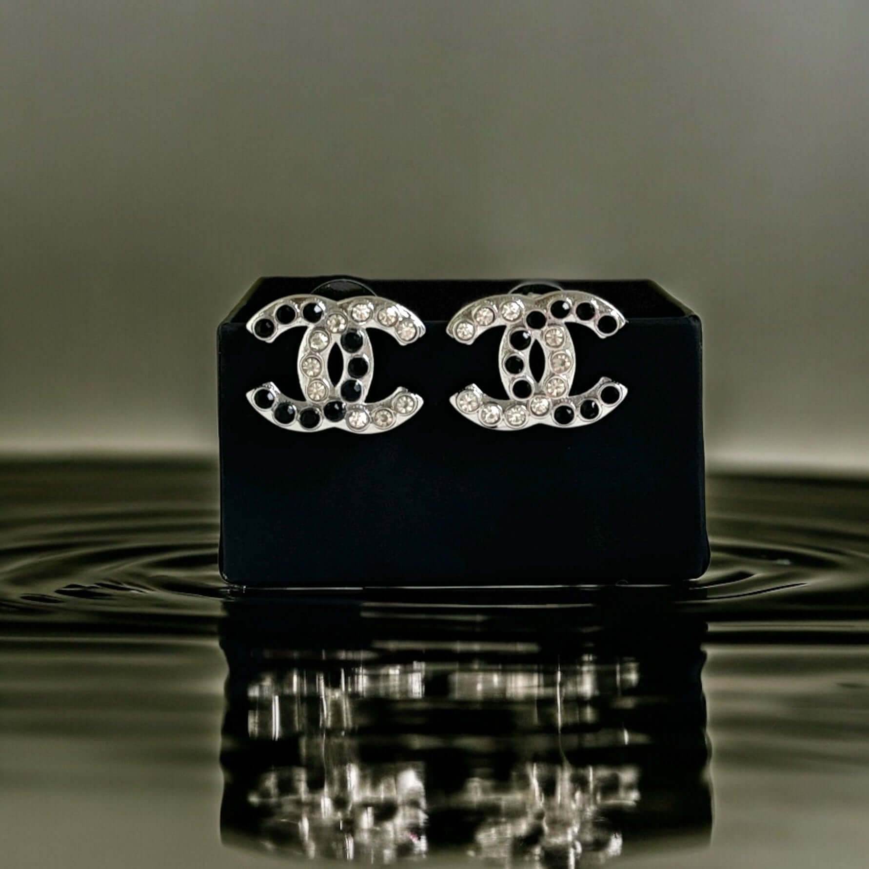 Authentic Chanel Silver CC with Clear & Black Crystals Earrings Pre-Owned - My Mama Found What 