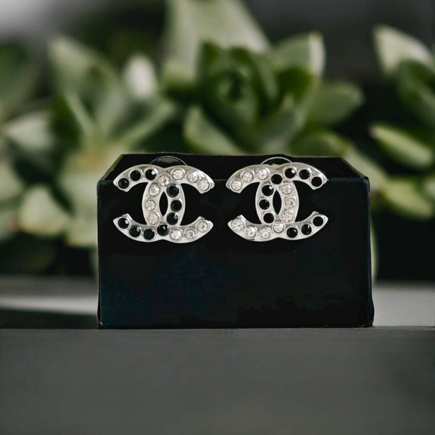 Authentic Chanel Silver CC with Clear & Black Crystals Earrings Pre-Owned - My Mama Found What 