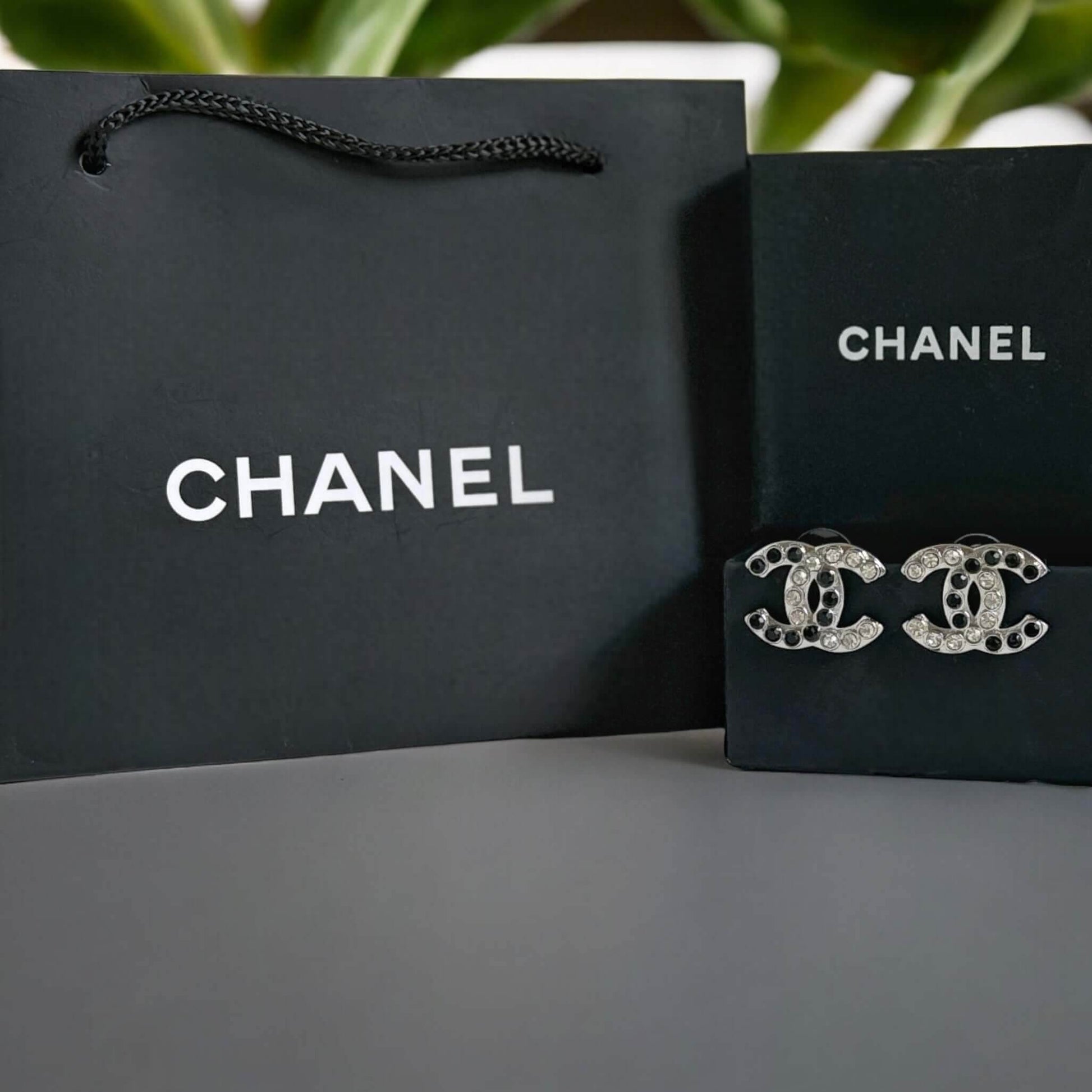 Authentic Chanel Silver CC with Clear & Black Crystals Earrings Pre-Owned - My Mama Found What 