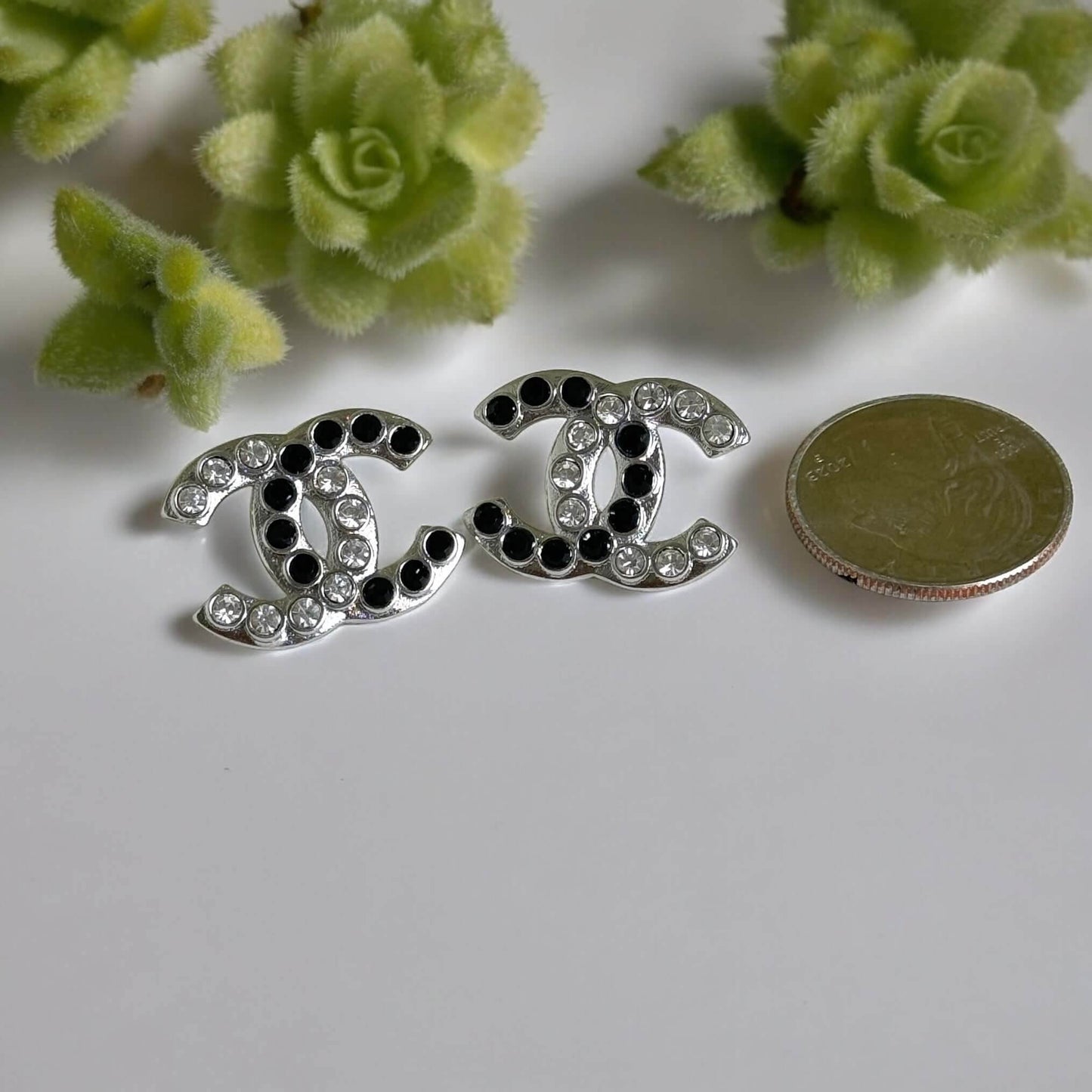 Authentic Chanel Silver CC with Clear & Black Crystals Earrings Pre-Owned - My Mama Found What 