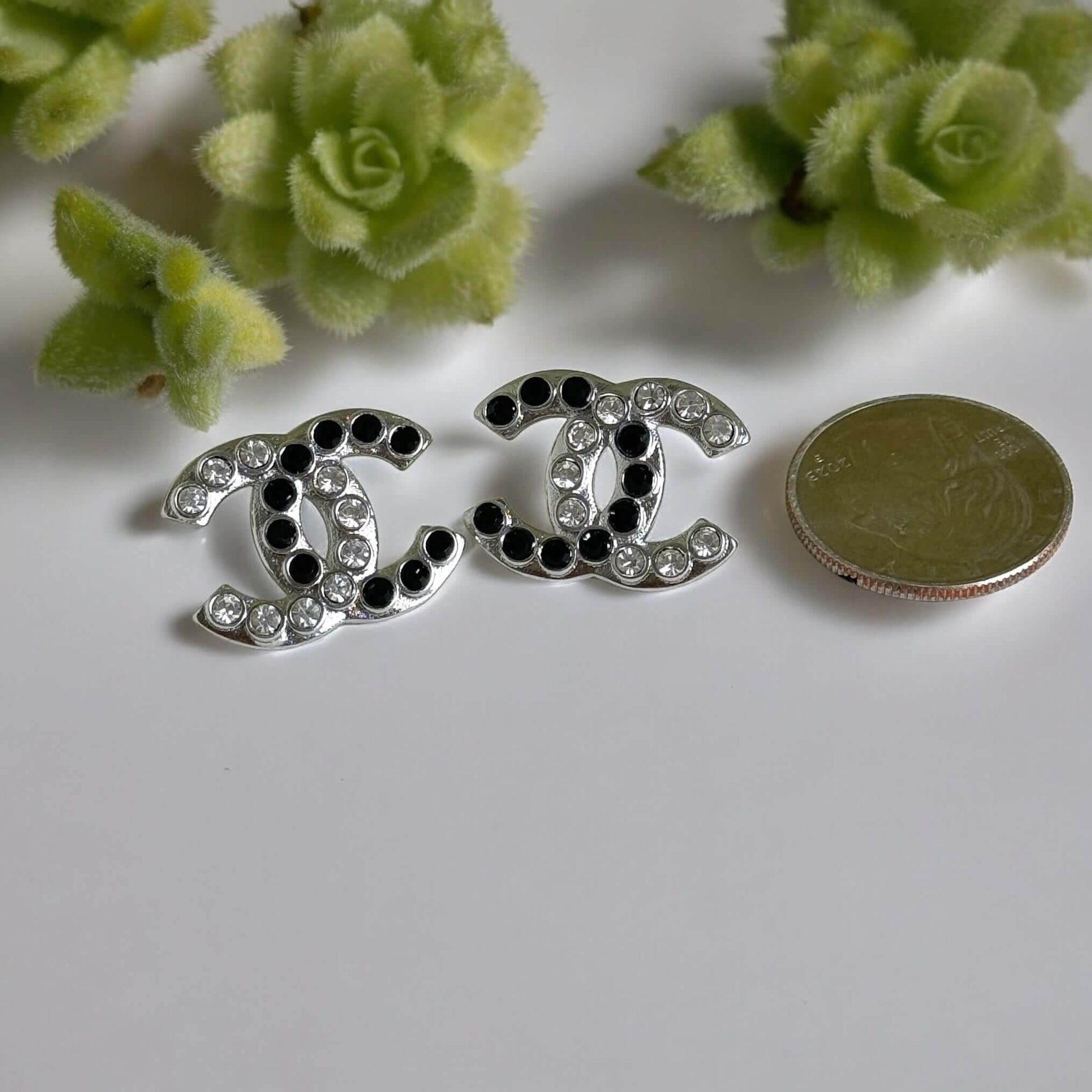 Authentic Chanel Silver CC with Clear & Black Crystals Earrings Pre-Owned - My Mama Found What 