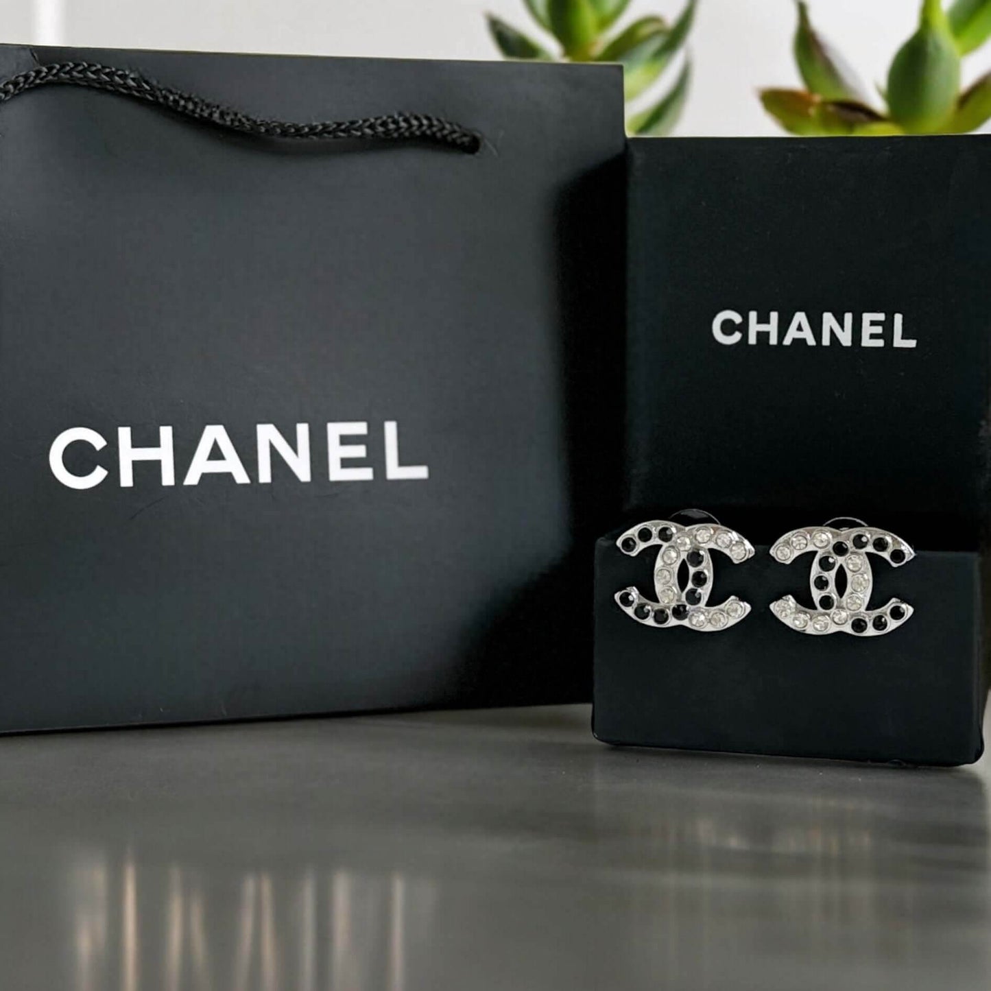 Authentic Chanel Silver CC with Clear & Black Crystals Earrings Pre-Owned - My Mama Found What 