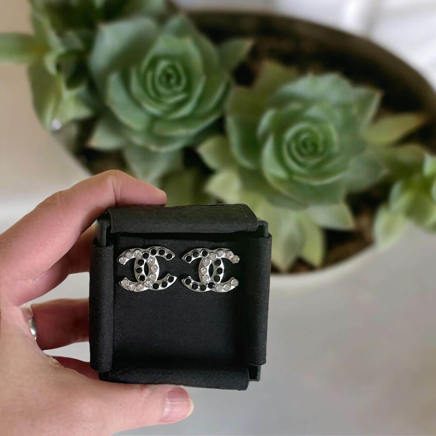 Authentic Chanel Silver CC with Clear & Black Crystals Earrings Pre-Owned - My Mama Found What 