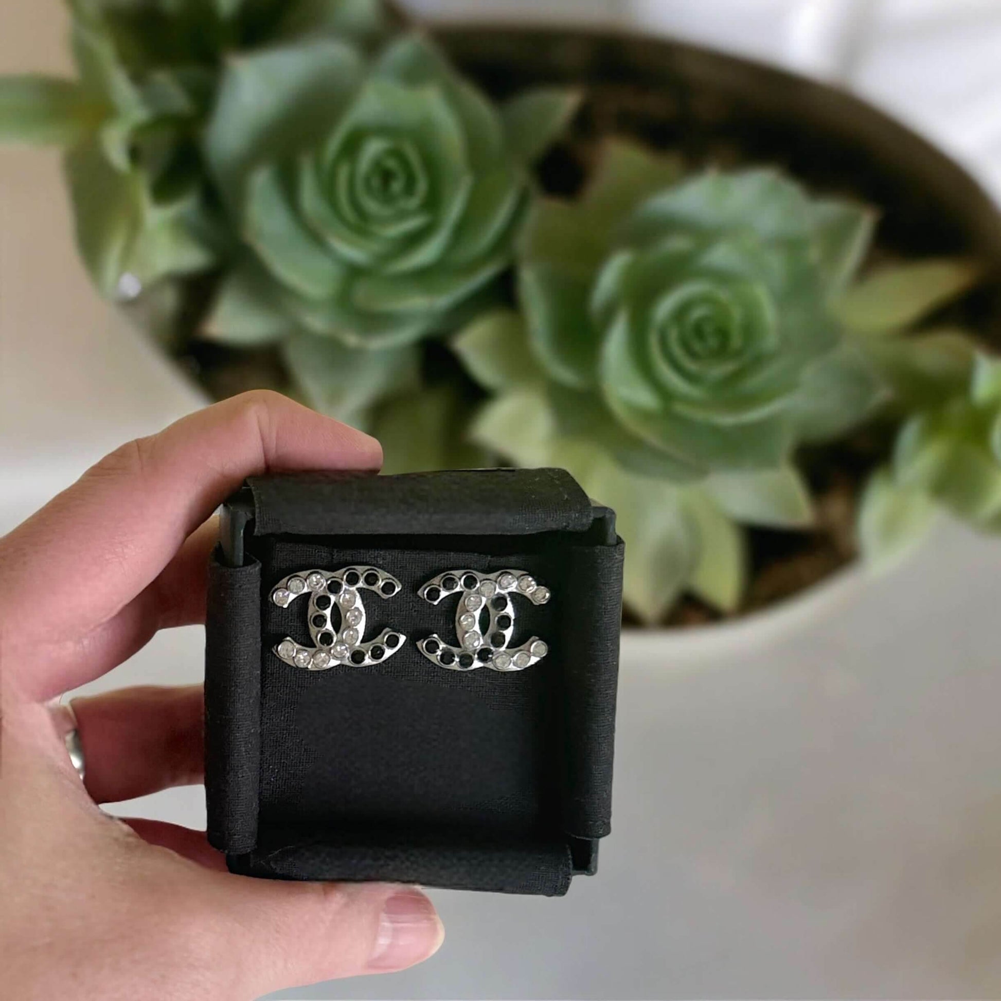 Authentic Chanel Silver CC with Clear & Black Crystals Earrings Pre-Owned - My Mama Found What 