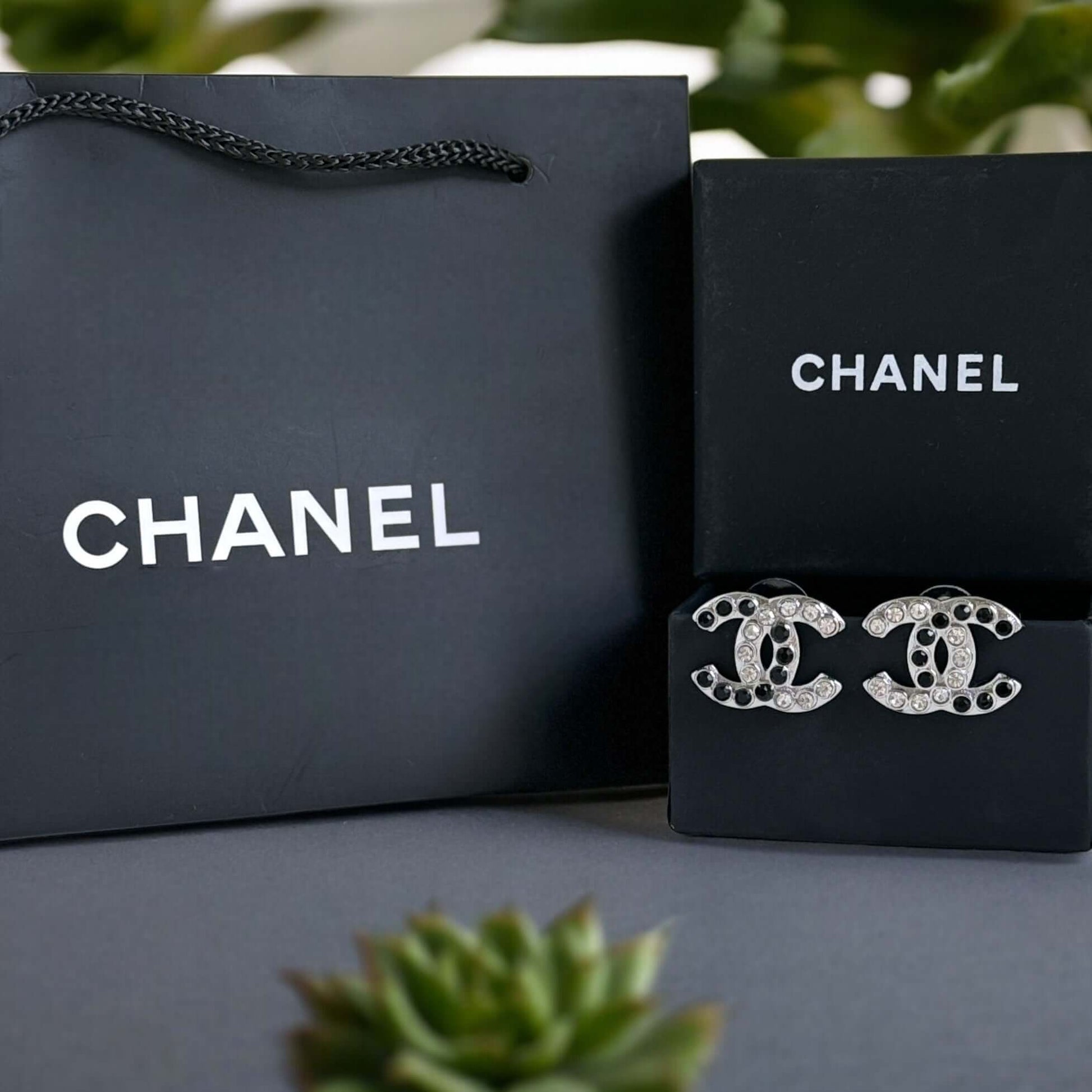 Authentic Chanel Silver CC with Clear & Black Crystals Earrings Pre-Owned - My Mama Found What  